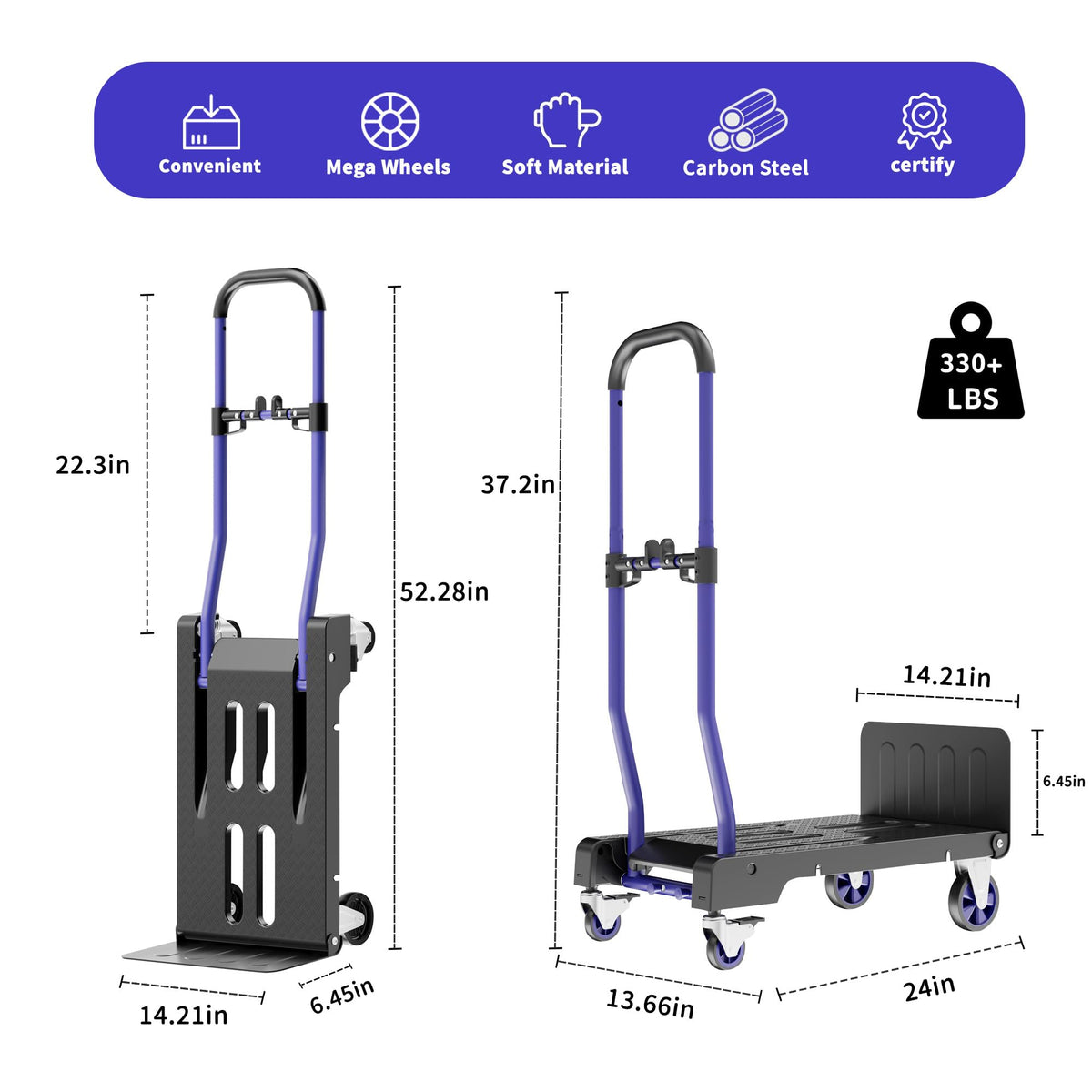 3-in-1 Folding Hand Truck 330lbs Portable Dolly Cart with Adjustable Handle N6935