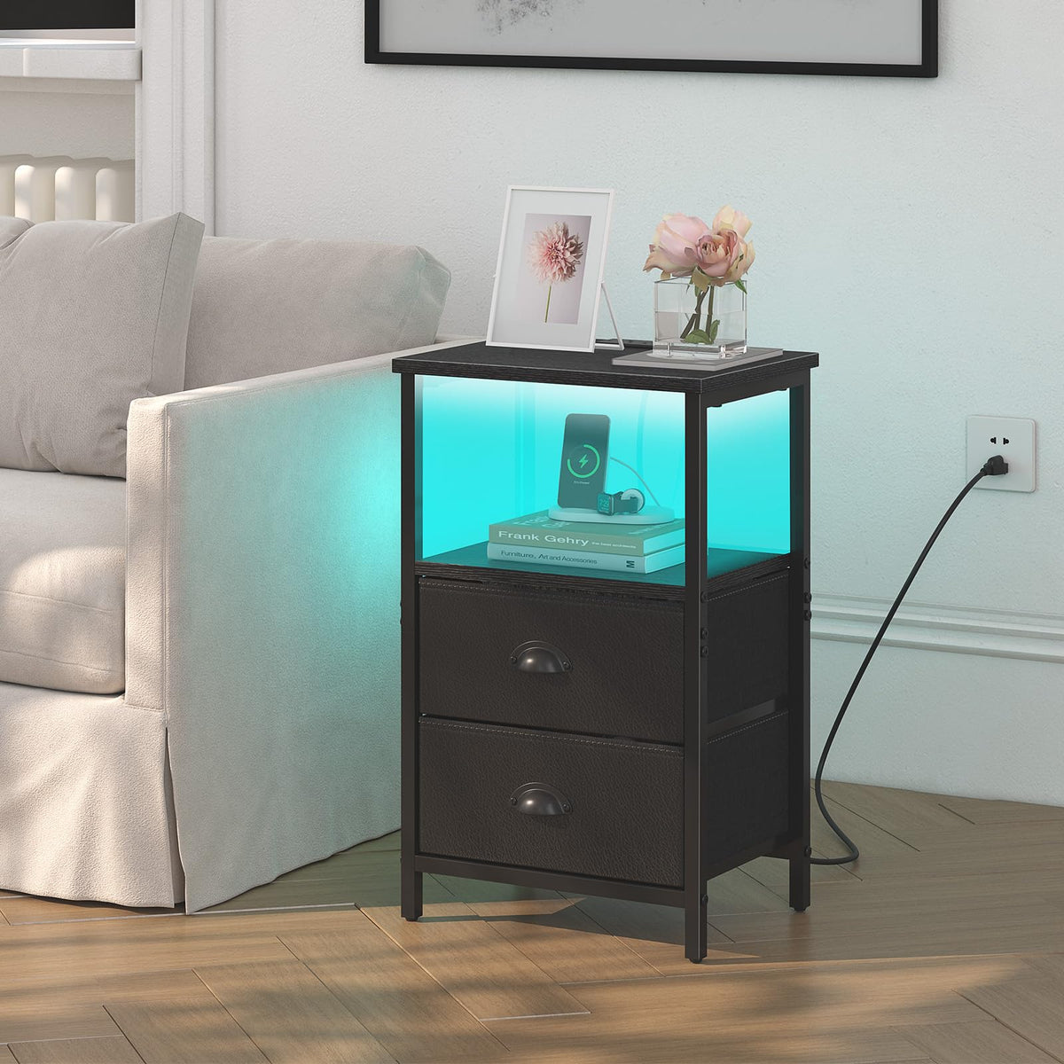 Black Nightstand with Charging Station and 2 Fabric Drawers Y298