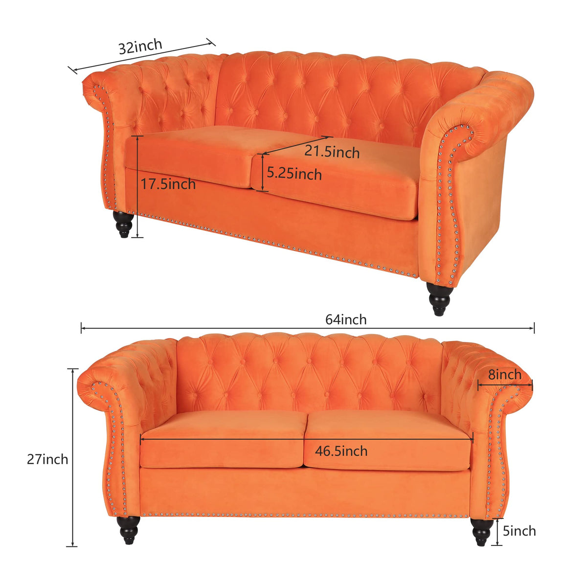 Orange Velvet Chesterfield Sofa Loveseat and Chair F872