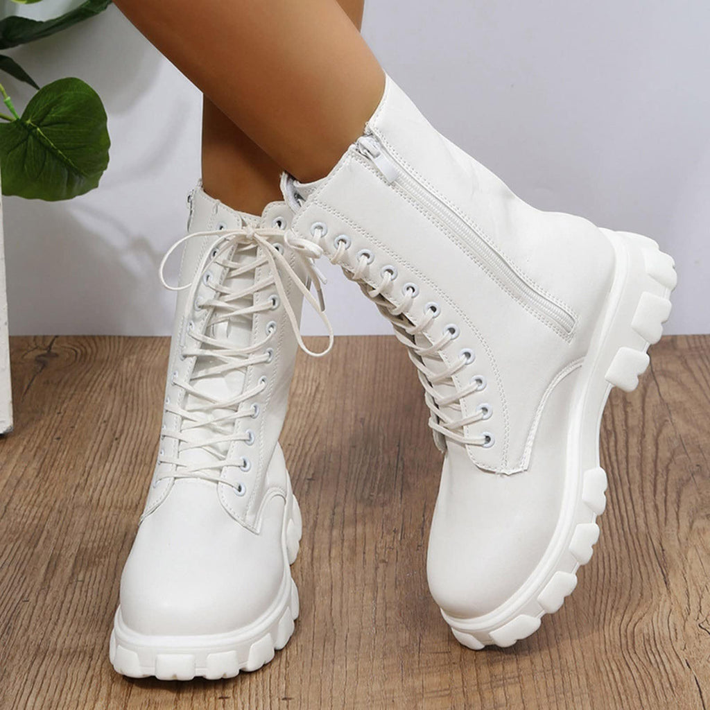 Women's Lace Up Chunky Mid Calf Boots S465