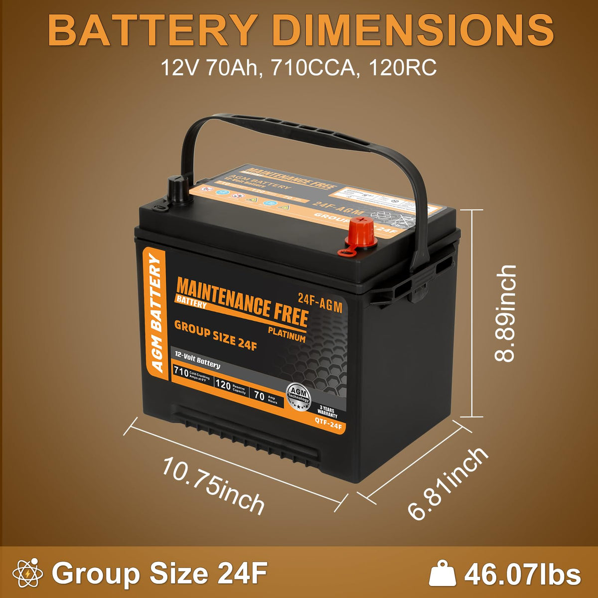 Group Size 24F AGM Automotive Battery 12V 70Ah 710 CCA K23364