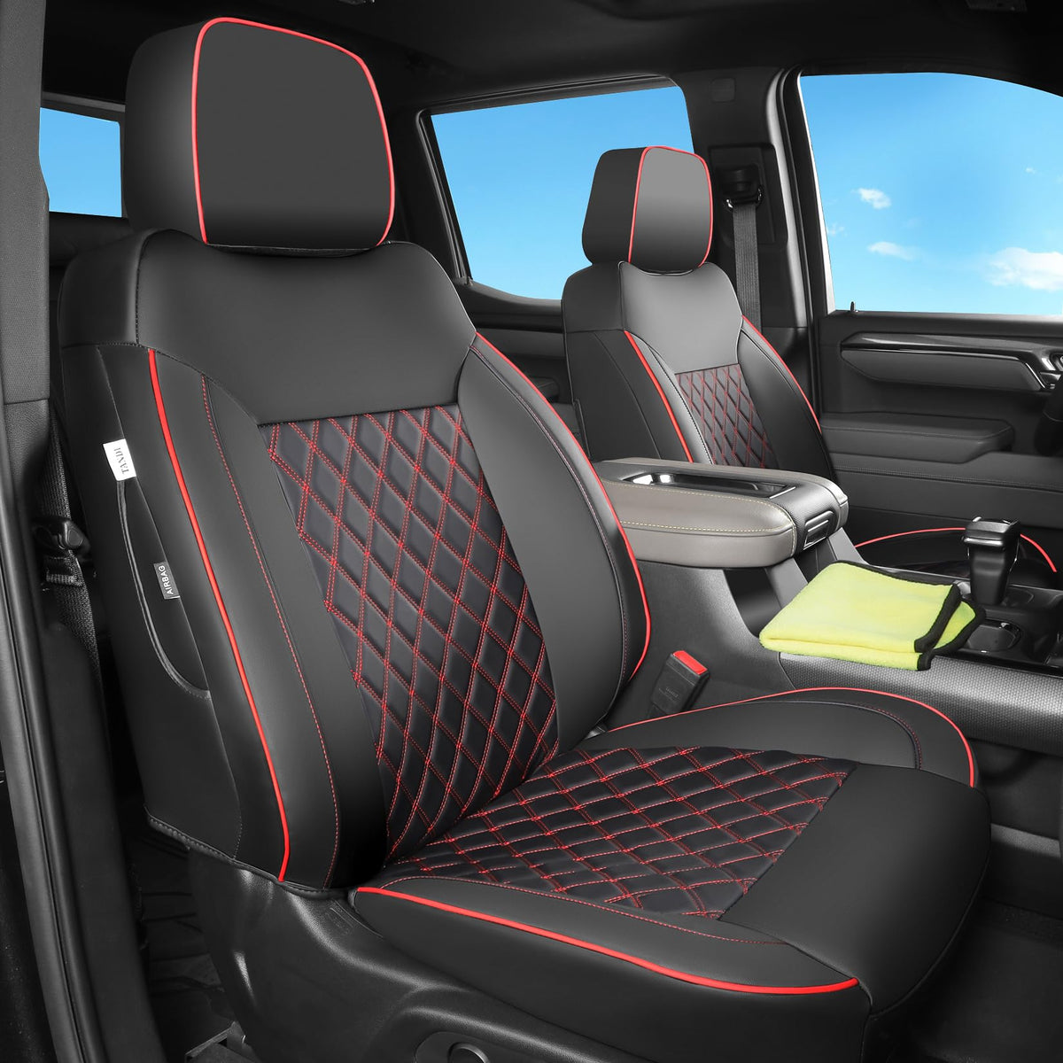 Faux Leather Seat Covers Full Set Black with Red Trim N5270