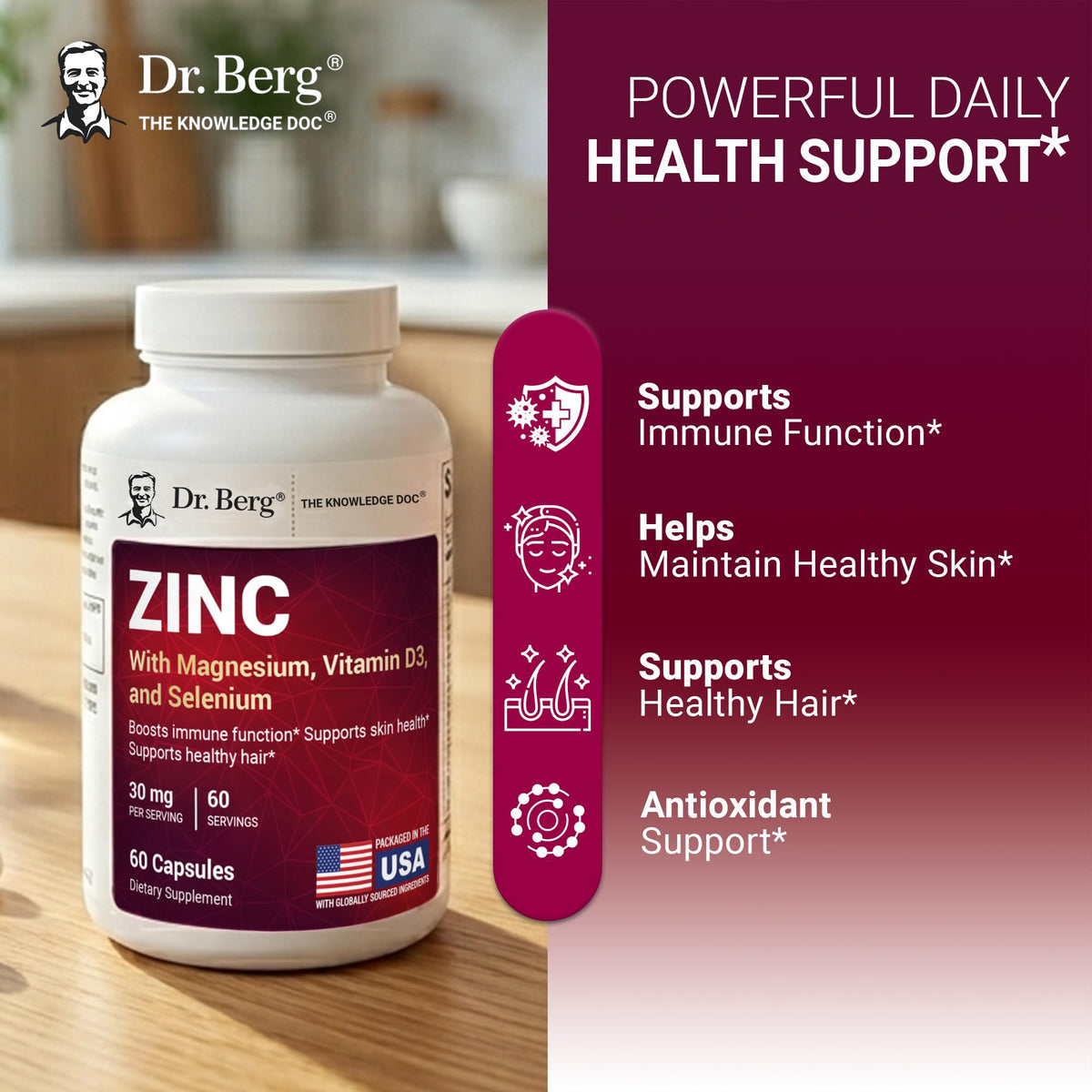 Zinc 30 mg 60 Capsules Chelated with Vitamin D & Selenium U3050