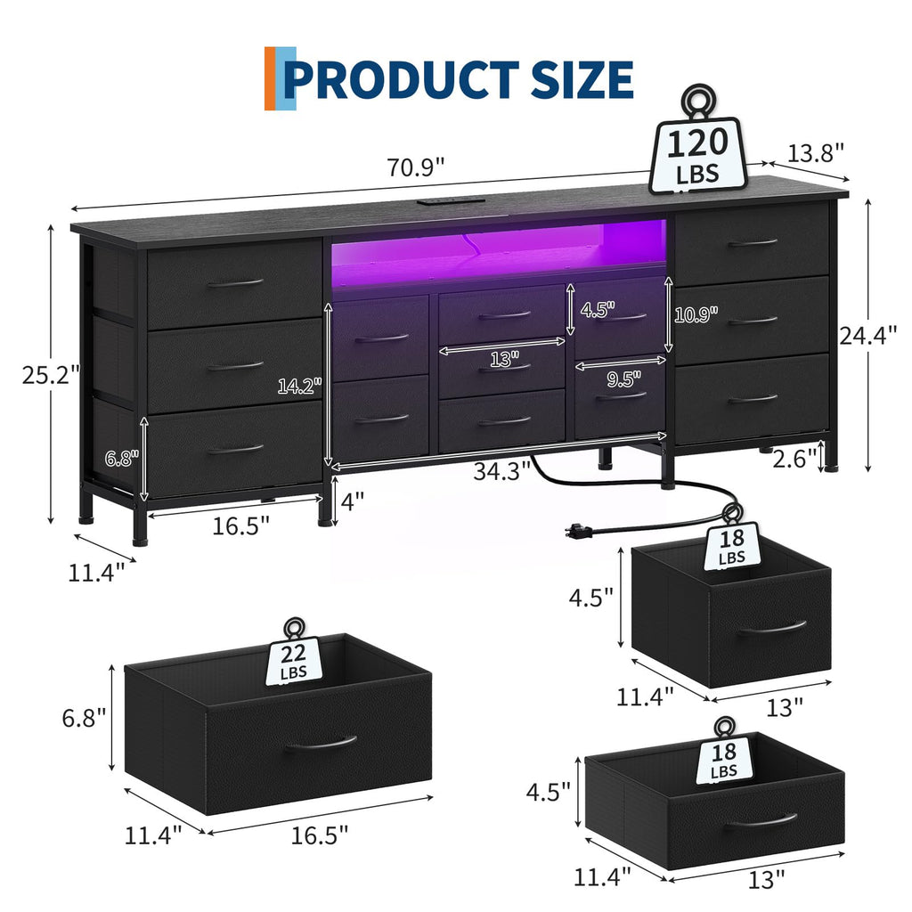 Black 13 Drawer Dresser TV Stand with LED Lights & Charging Station M250539
