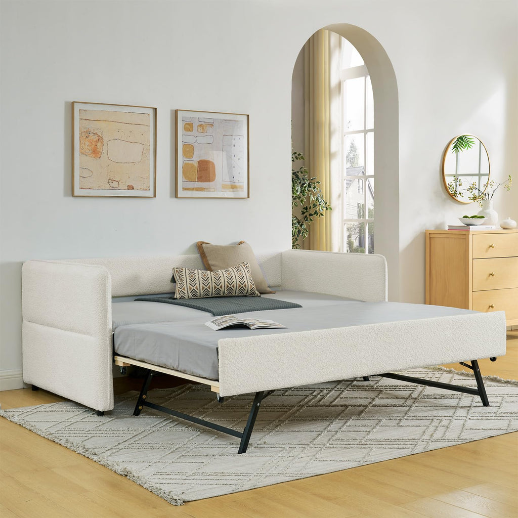 Twin Size Beige Boucle Upholstered Daybed with Trundle Z446