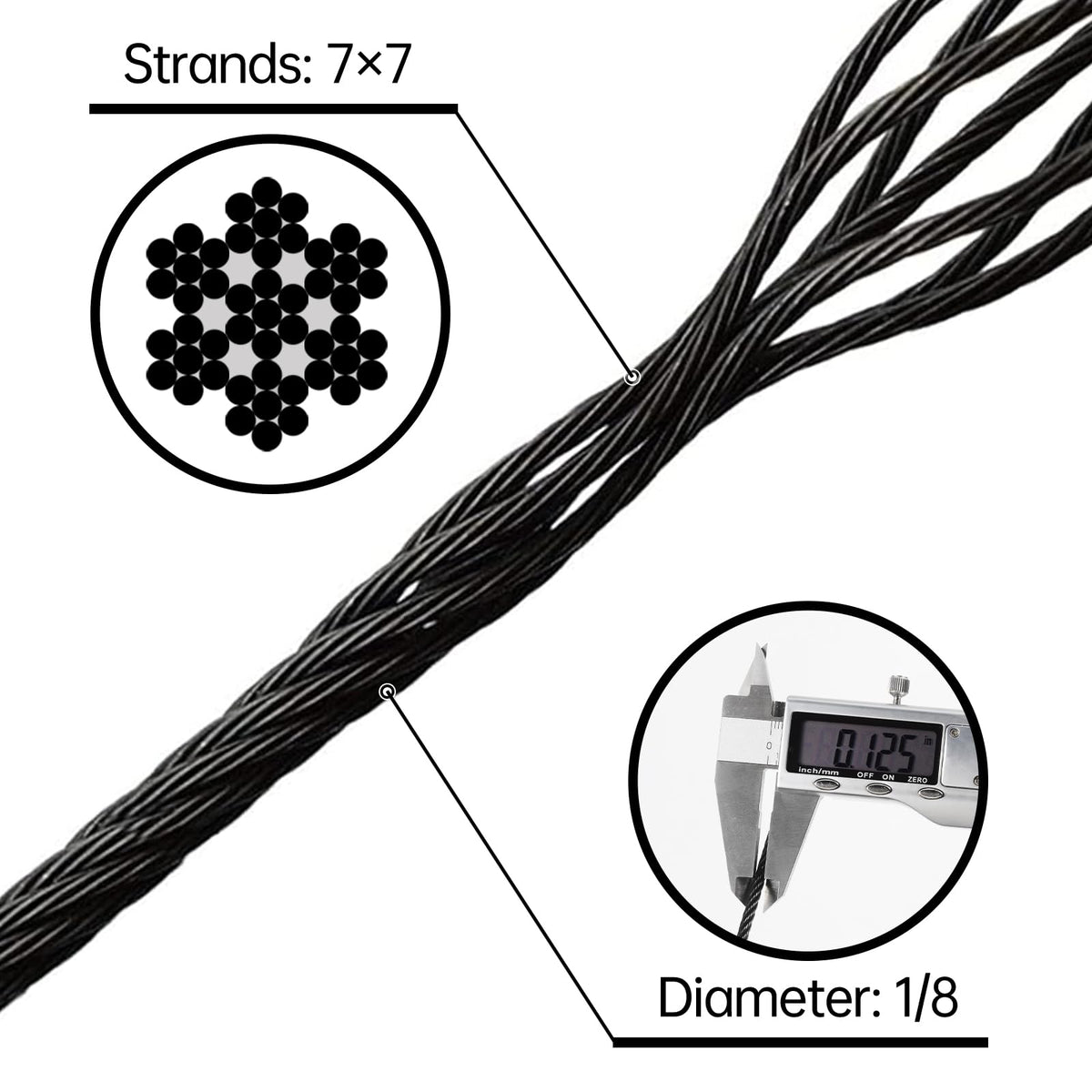 Black Stainless Steel Cable for Railing 220FT 1/8" T316 Wire Rope L8604