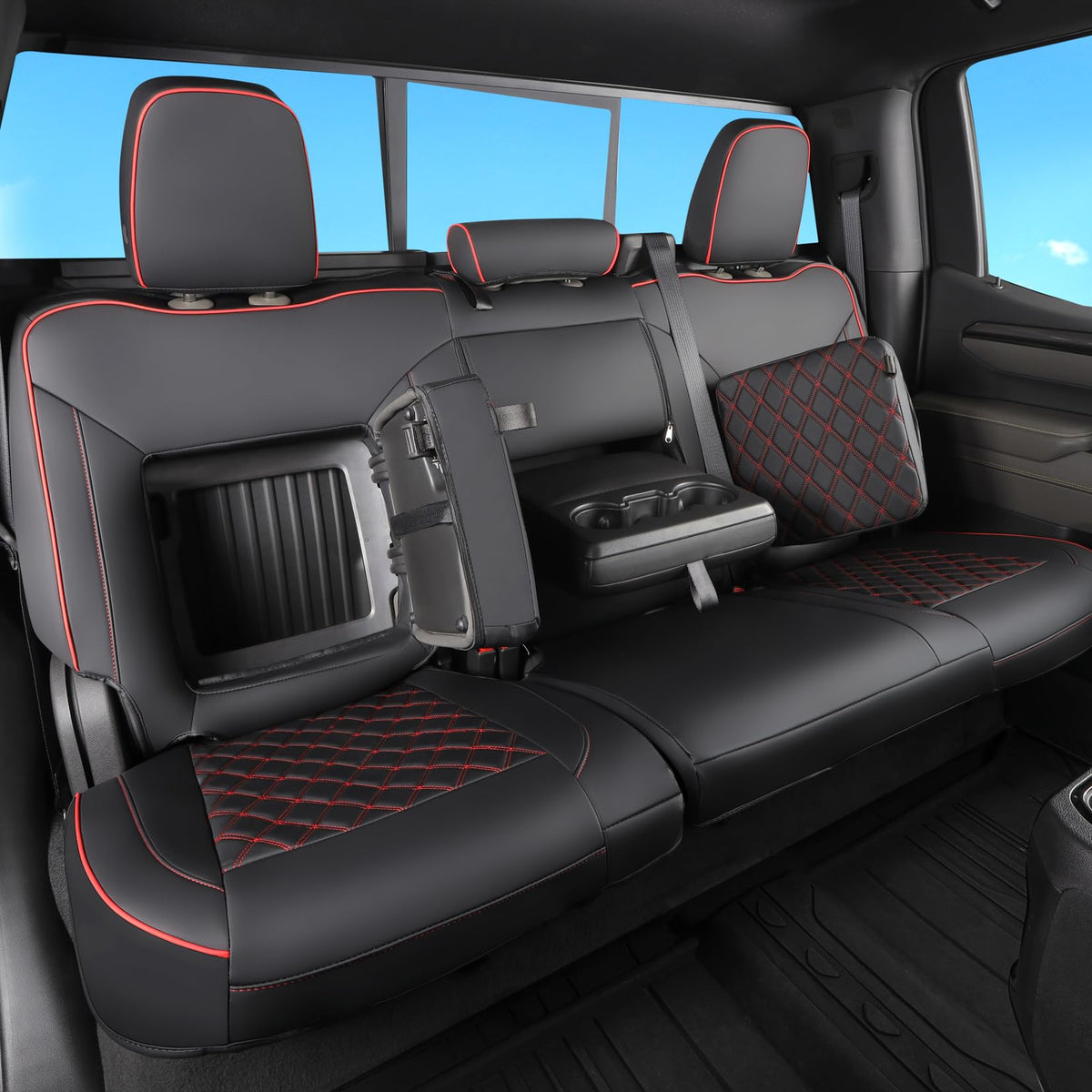 Faux Leather Seat Covers Full Set Black with Red Trim N5270