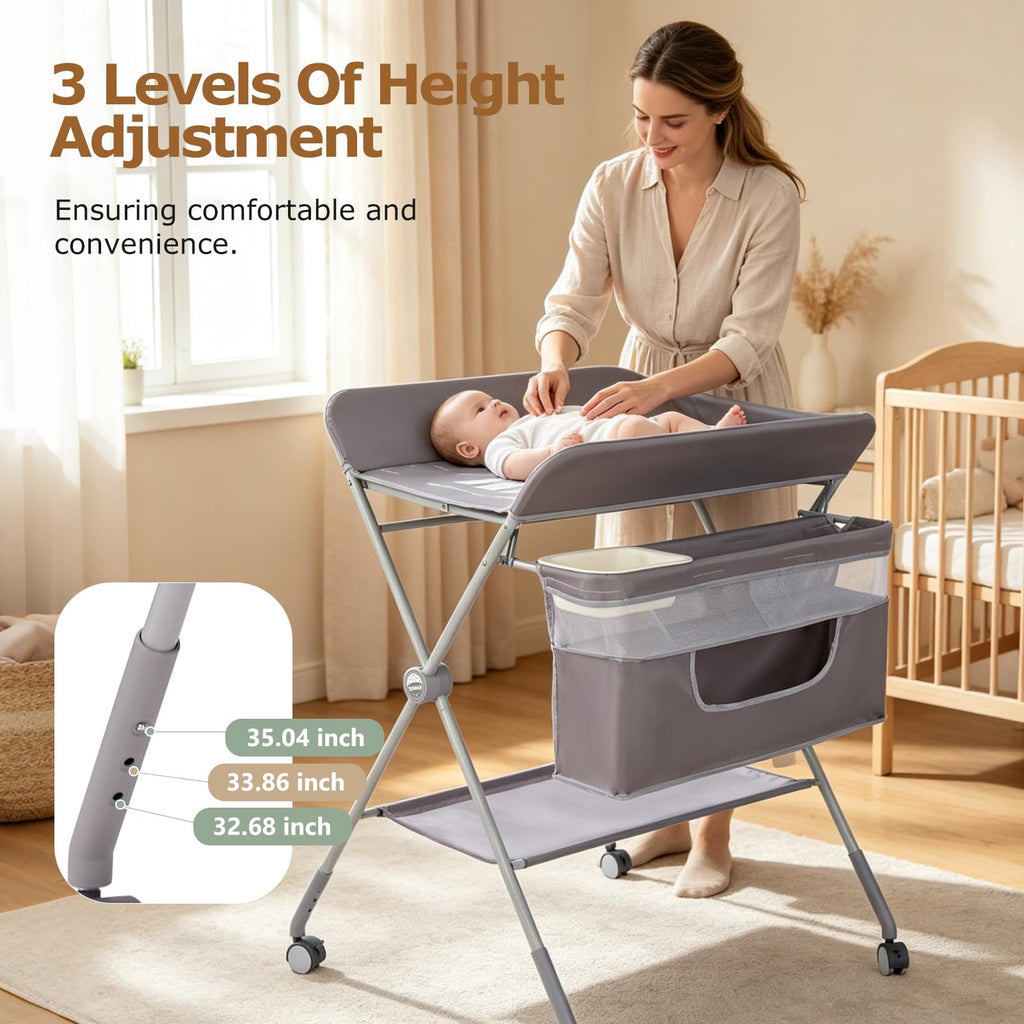 Baby Changing Table with Wheels, Portable Adjustable Folding Diaper Station with Storage O555