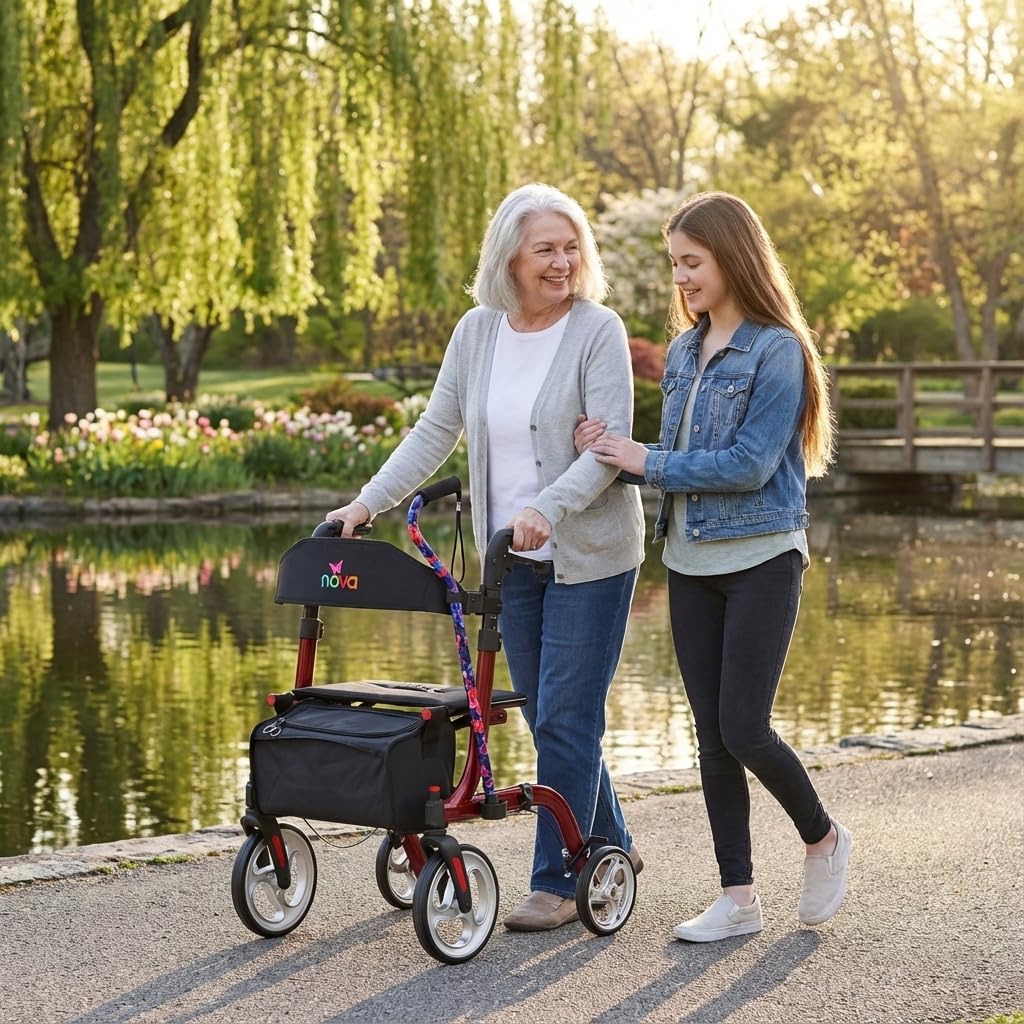 Red Compact Foldable Rollator Walker with Cane Holder Y931