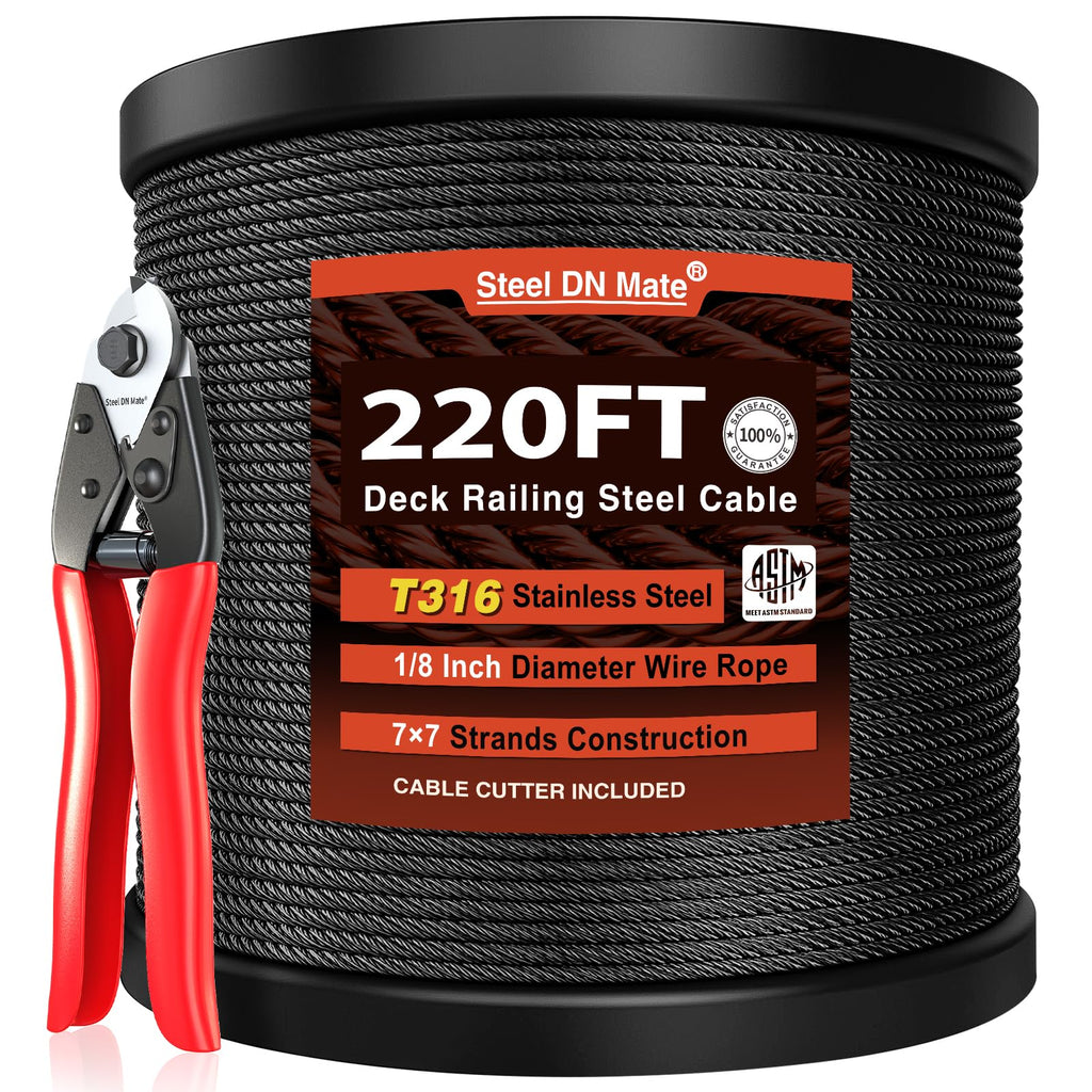 Black Stainless Steel Cable for Railing 220FT 1/8" T316 Wire Rope L8604