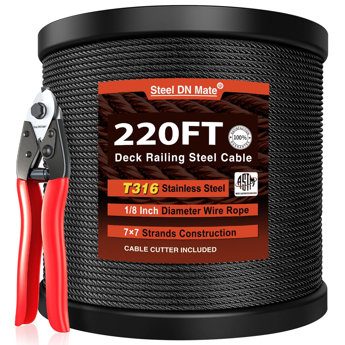 Black Stainless Steel Cable for Railing 220FT 1/8" T316 Wire Rope L8604