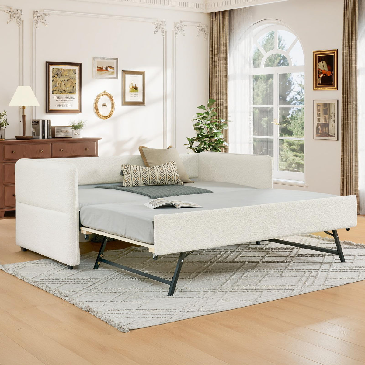 Twin Size Beige Boucle Upholstered Daybed with Trundle Z446