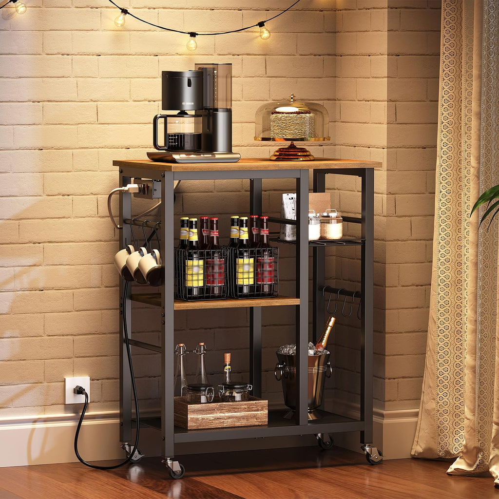 Rustic Brown Kitchen Storage Rack with Charging Station N8734