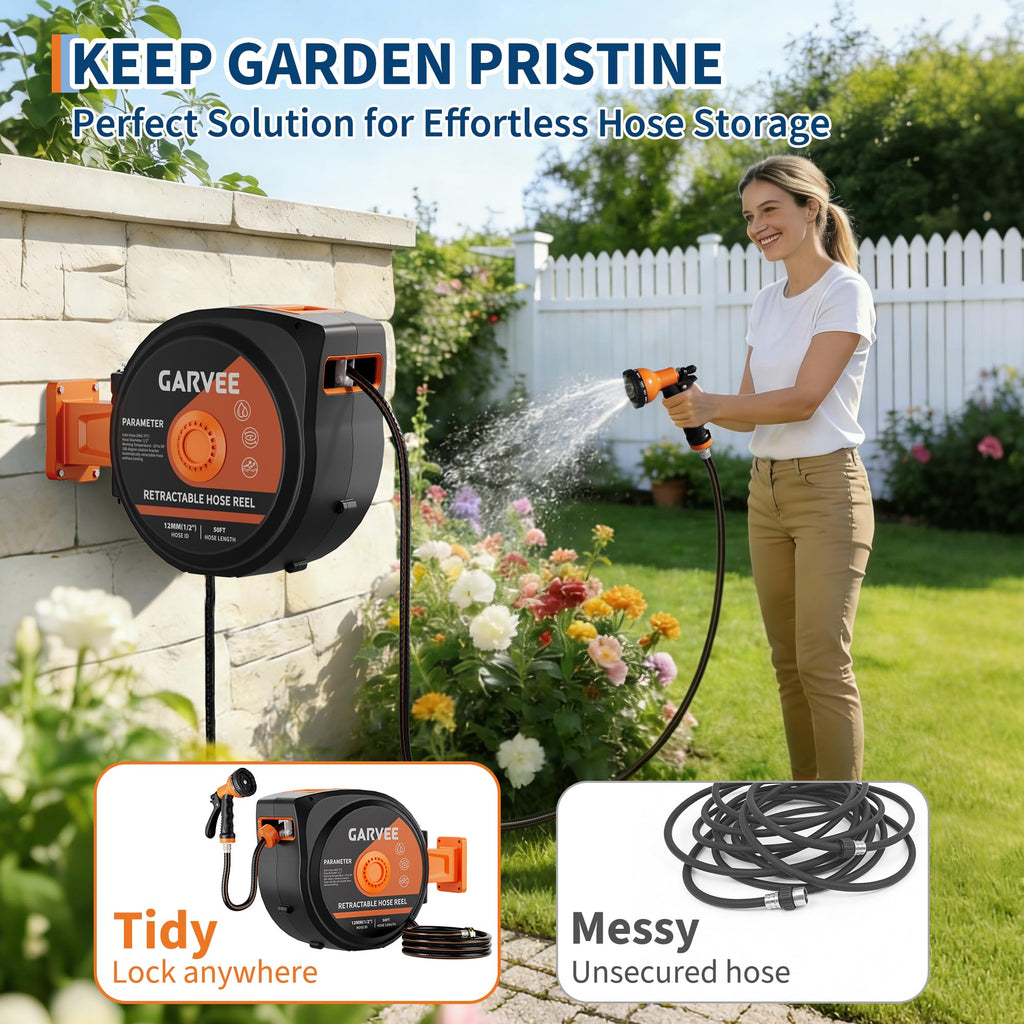 1/2 Inch x 50 ft Wall Mounted Garden Hose Reel with 10 Patterns Nozzle D1459