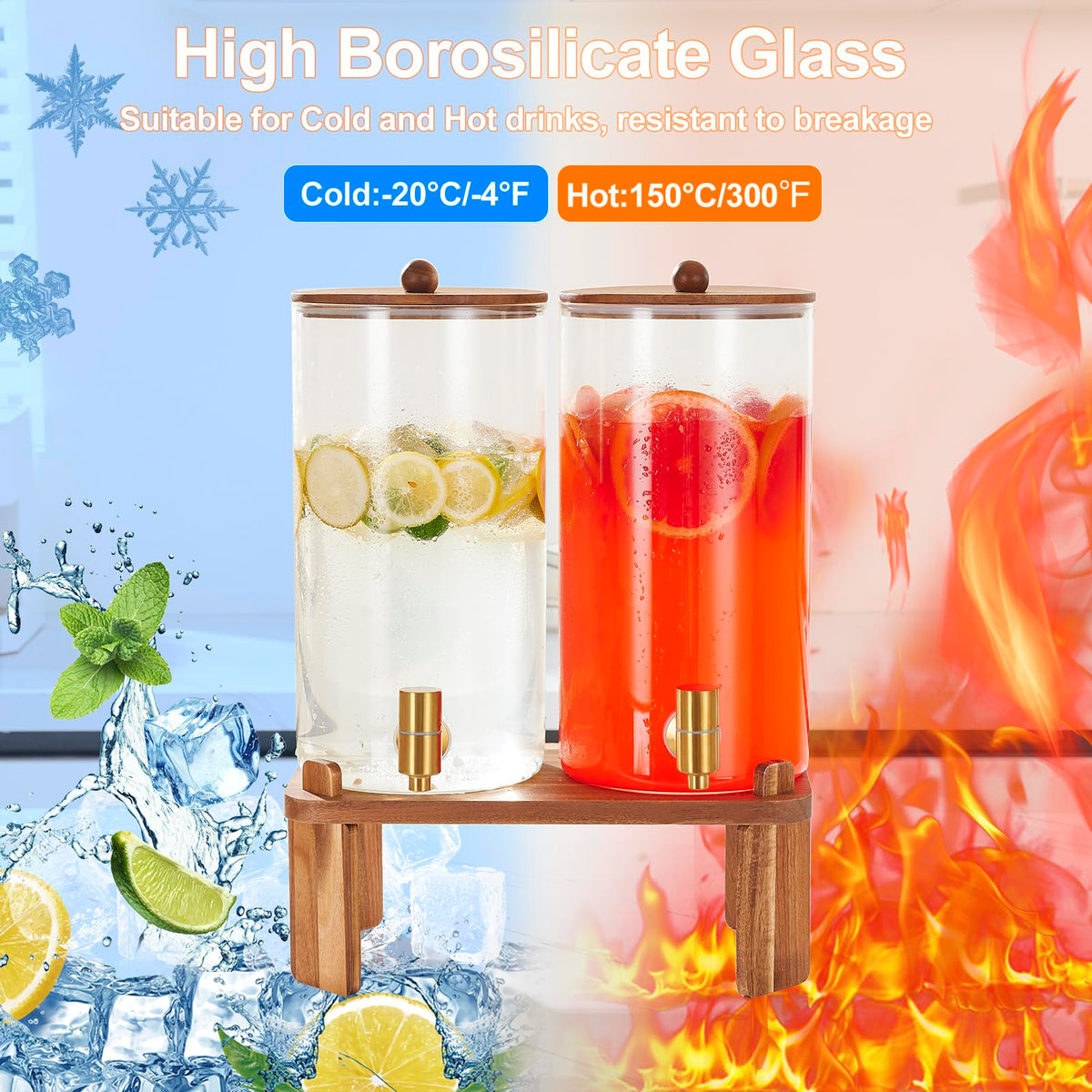 2pcs 1.5 Gallon Glass Drink Dispenser with Wood Stand S649638