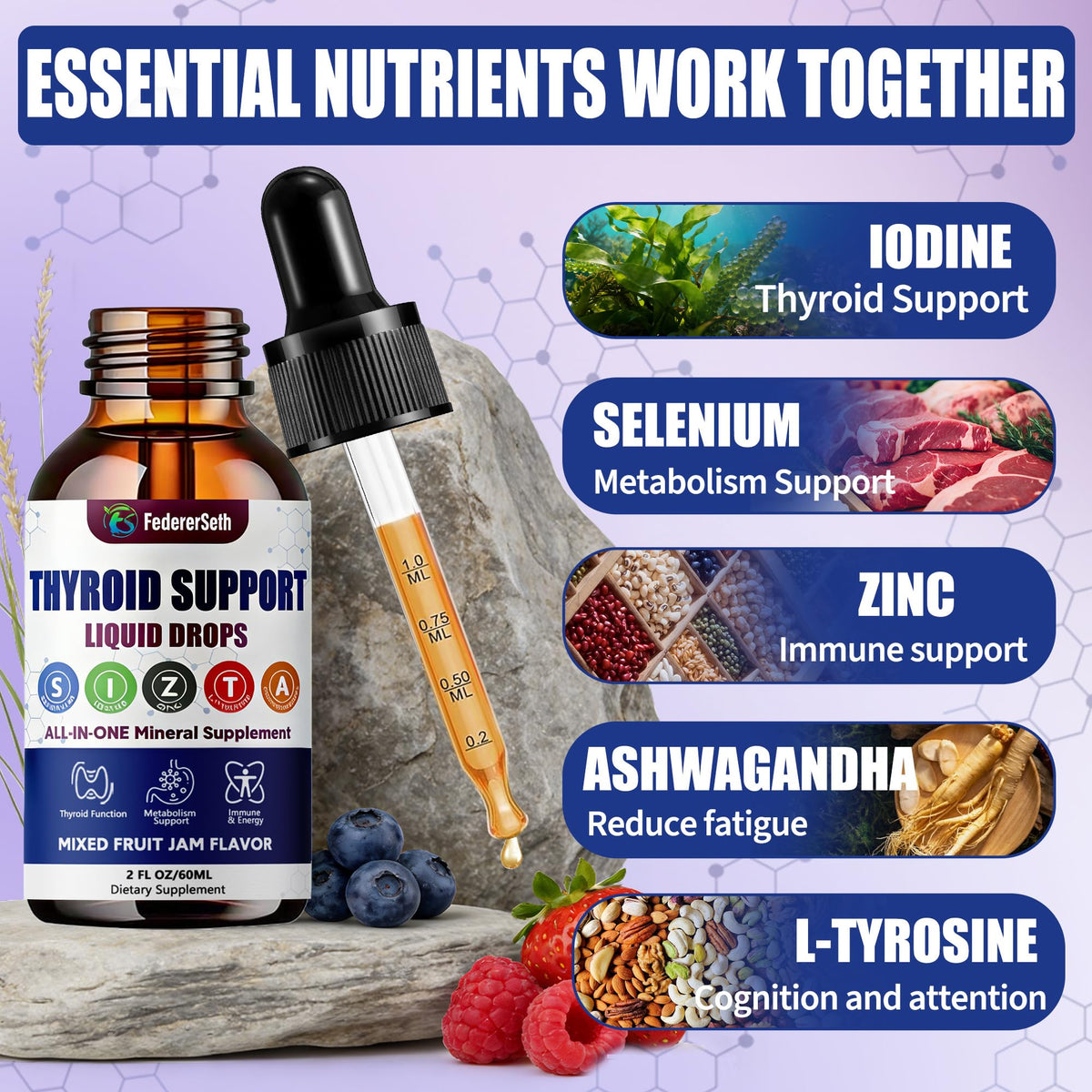 Liquid Thyroid Support Supplement with Selenium Zinc Iodine 2 Fl. Oz L26761