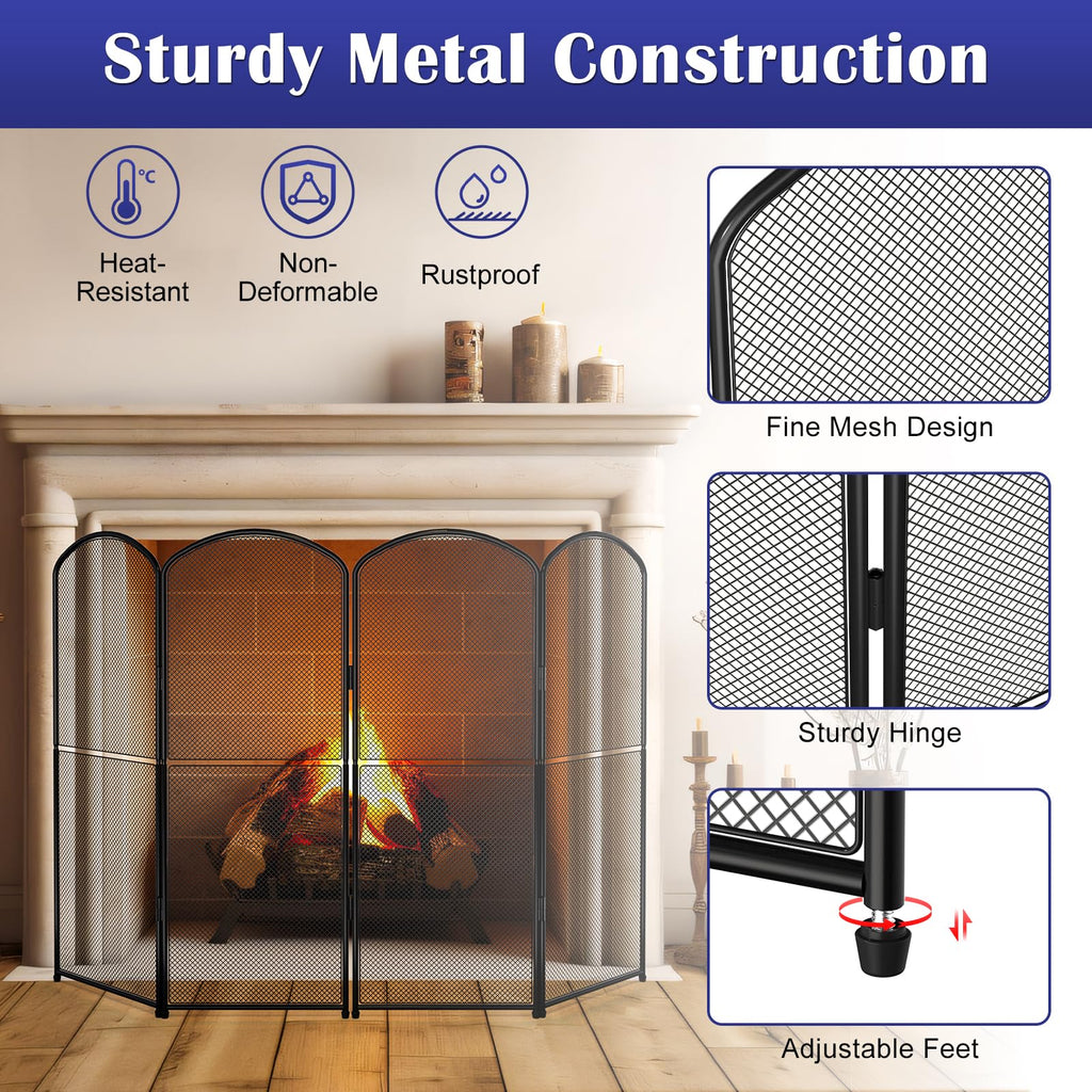 Black Metal Foldable 4-Panel Fireplace Screen X37195