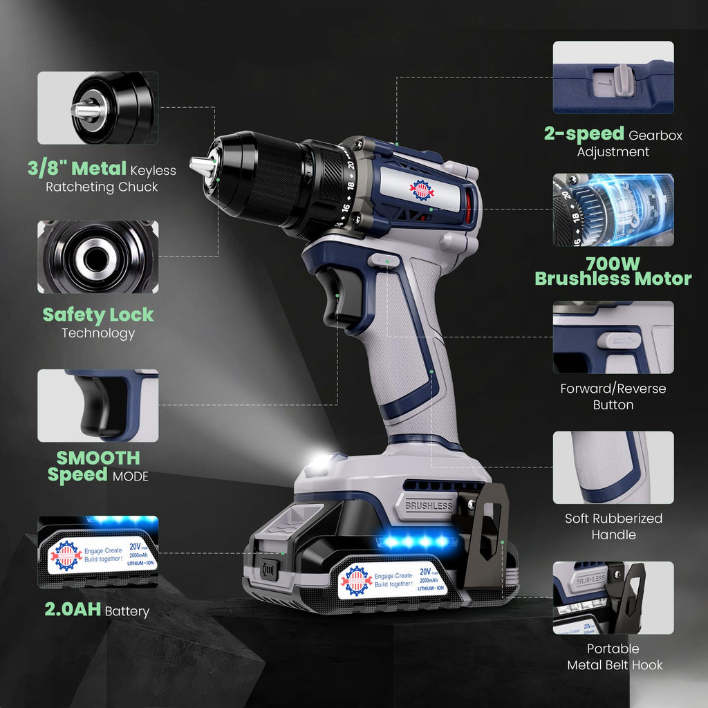 Brushless Cordless Drill Set 70N.m 3/8" Keyless Metal Chuck Y19218