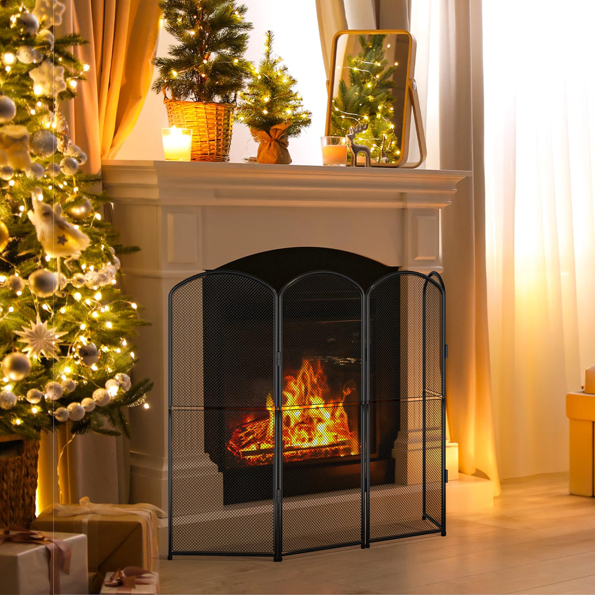 Black Metal Foldable 4-Panel Fireplace Screen X37195