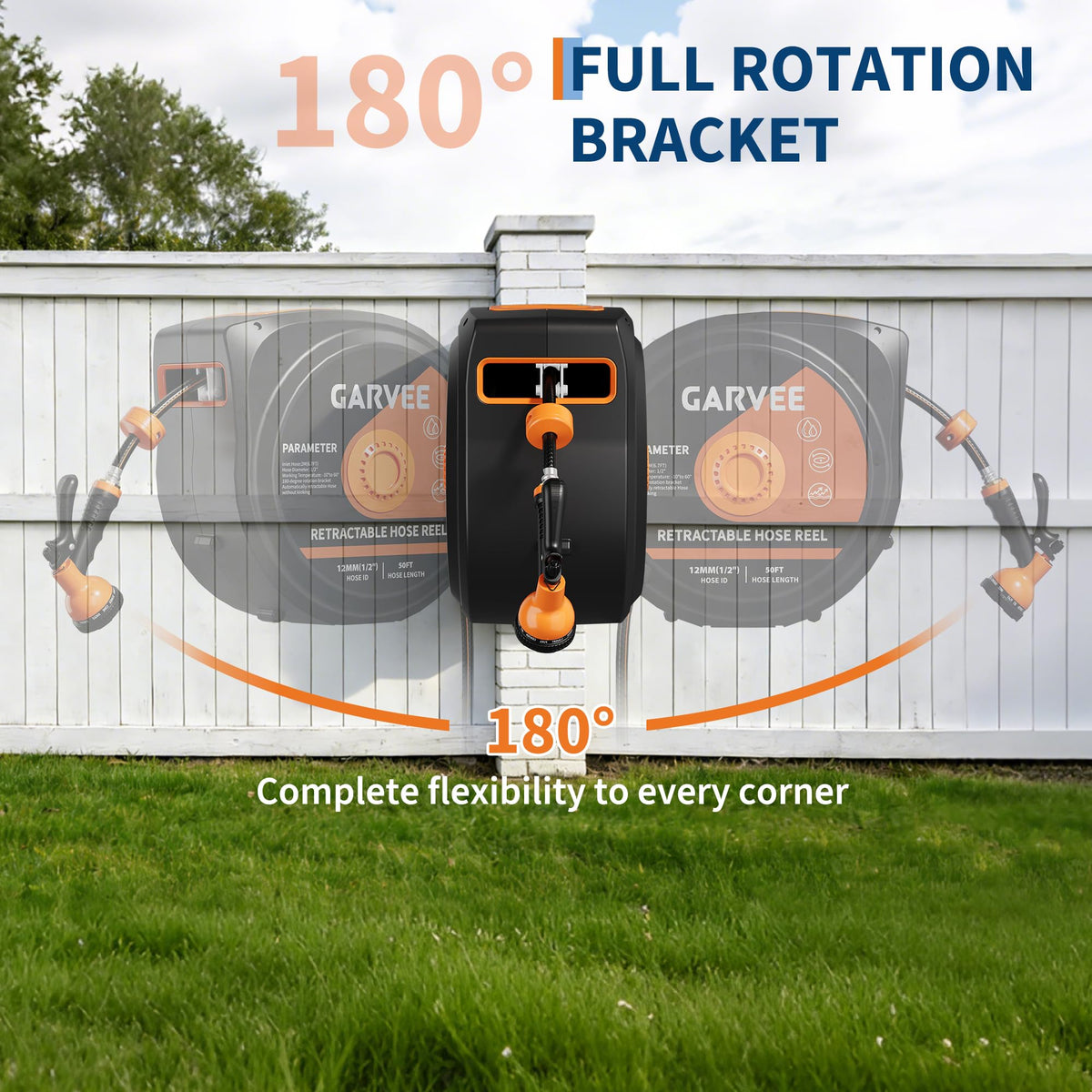 1/2 Inch x 50 ft Wall Mounted Garden Hose Reel with 10 Patterns Nozzle D1459