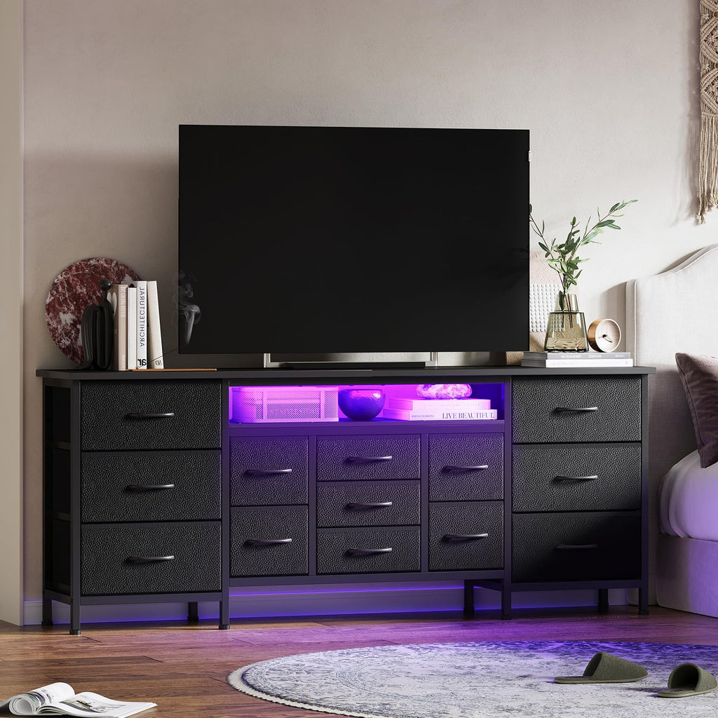 Black 13 Drawer Dresser TV Stand with LED Lights & Charging Station M250539