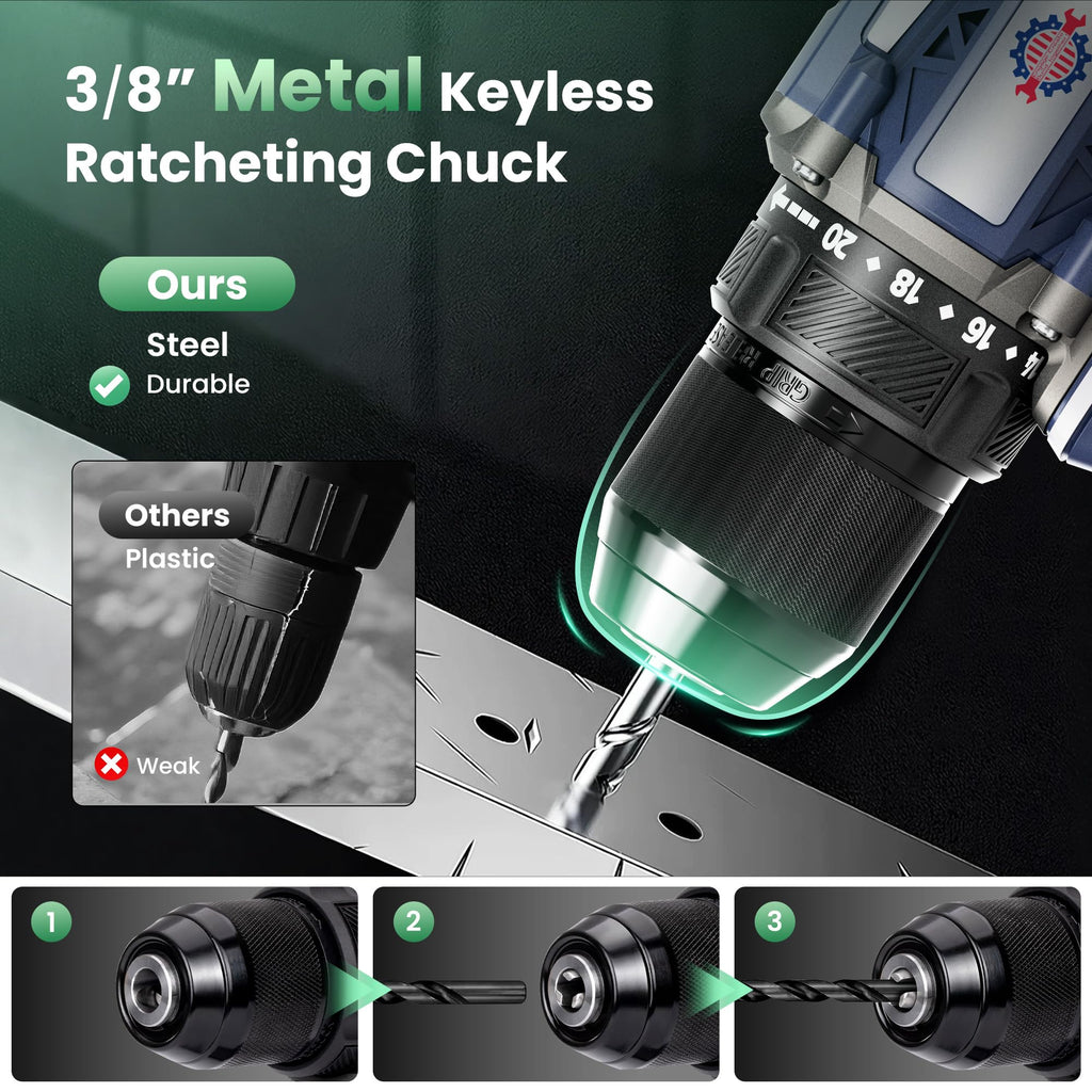 Brushless Cordless Drill Set 70N.m 3/8" Keyless Metal Chuck Y19218