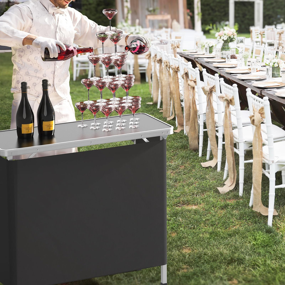 Portable 2-Tier Mobile Bar Table with Black Skirt Y224828