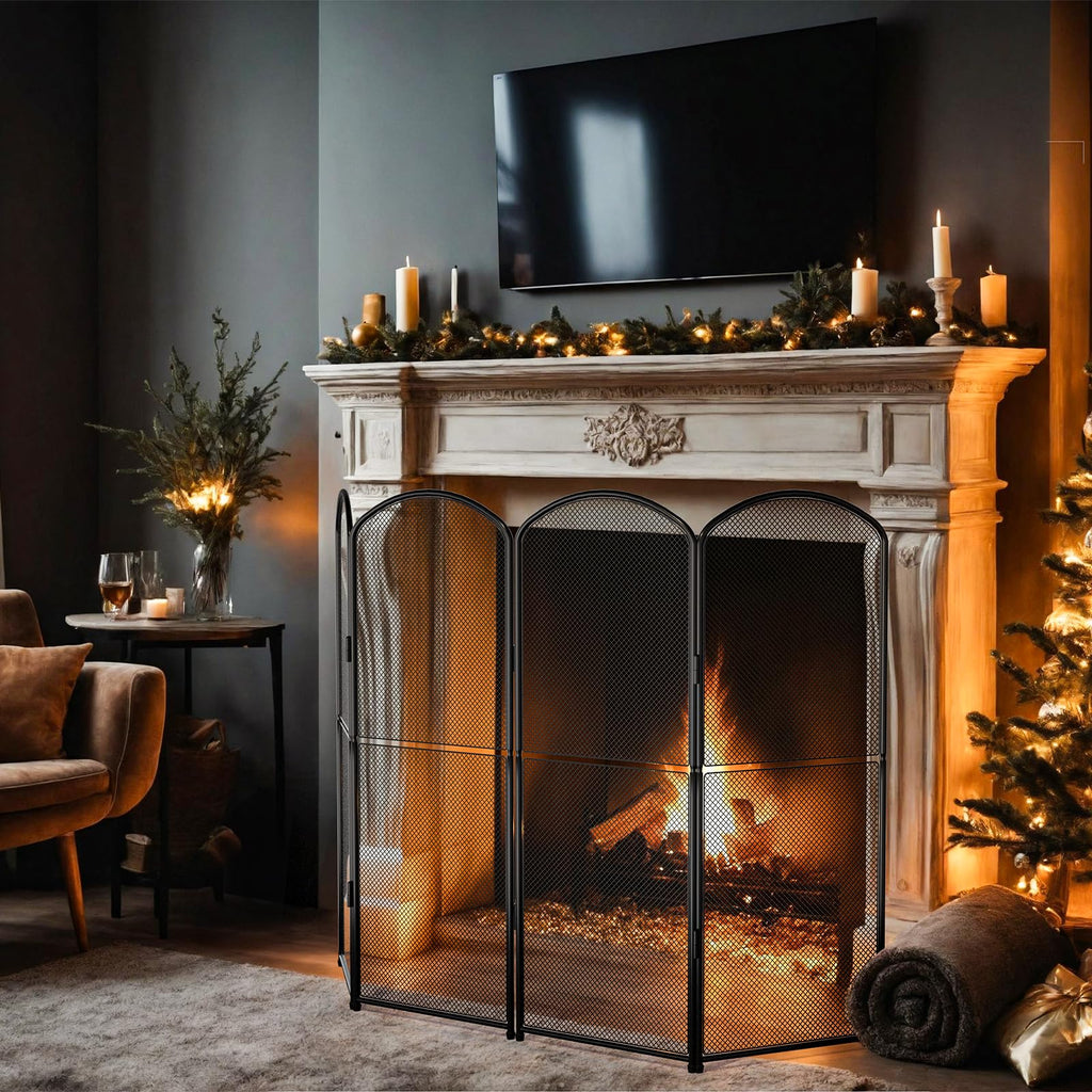 Black Metal Foldable 4-Panel Fireplace Screen X37195