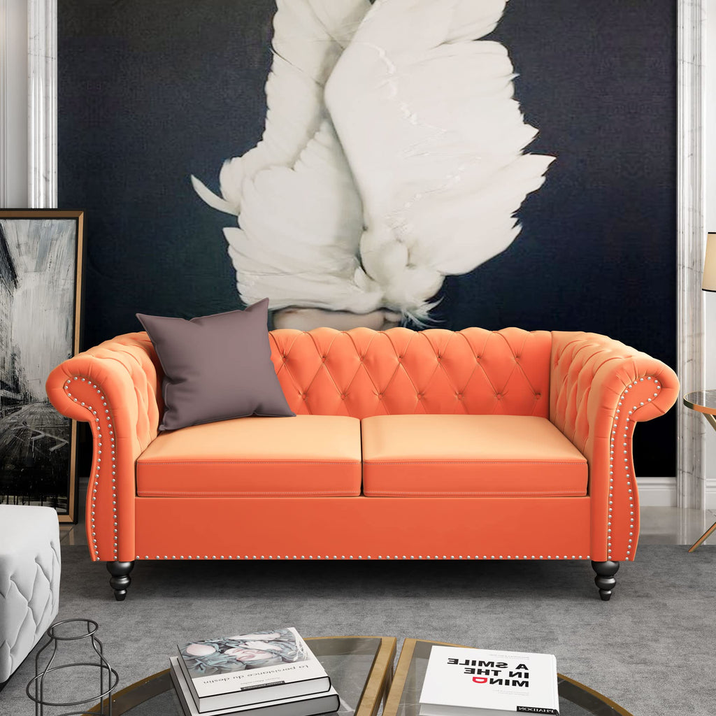 Orange Velvet Chesterfield Sofa Loveseat and Chair F872