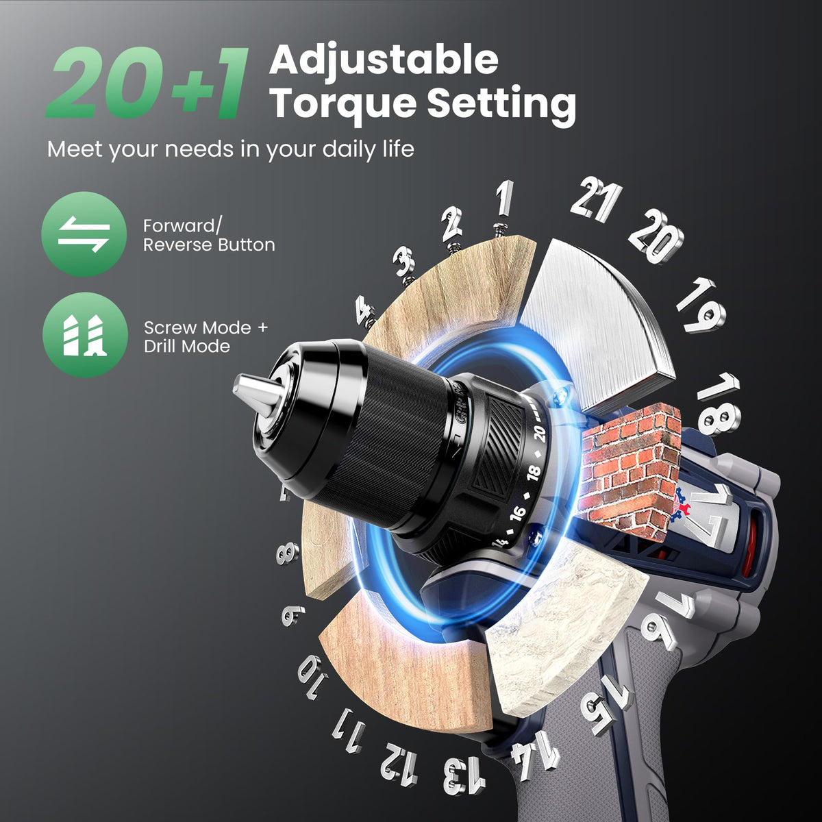 Brushless Cordless Drill Set 70N.m 3/8" Keyless Metal Chuck Y19218