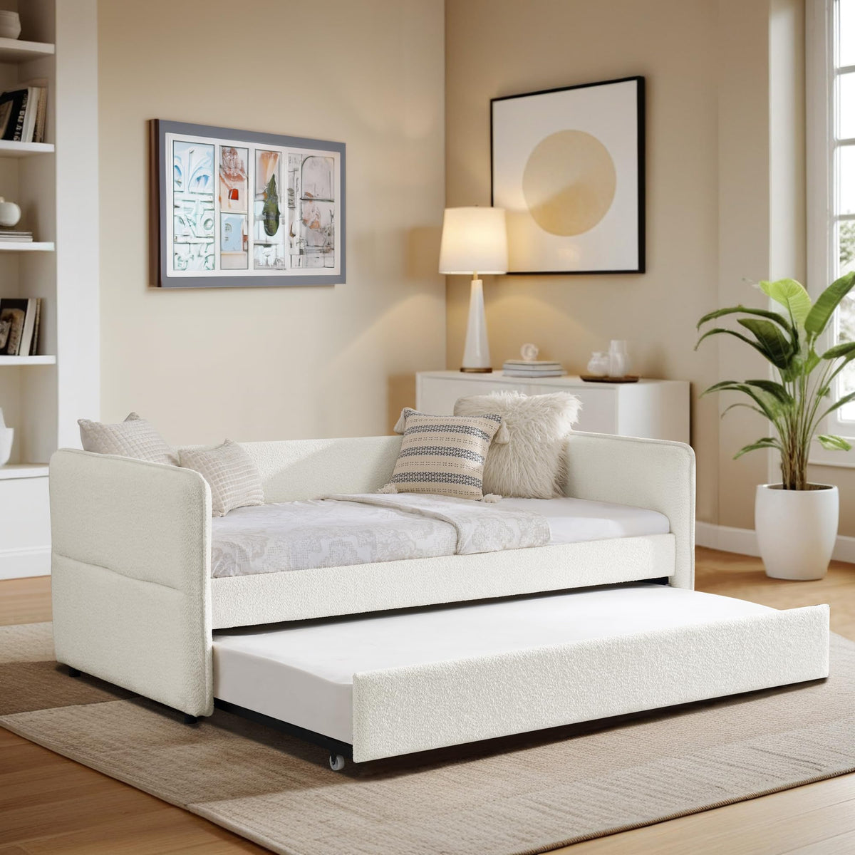 Twin Size Beige Boucle Upholstered Daybed with Trundle Z446