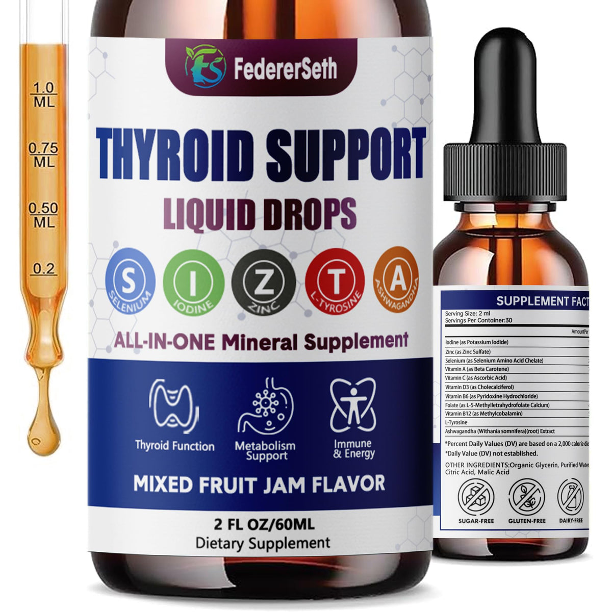 Liquid Thyroid Support Supplement with Selenium Zinc Iodine 2 Fl. Oz L26761