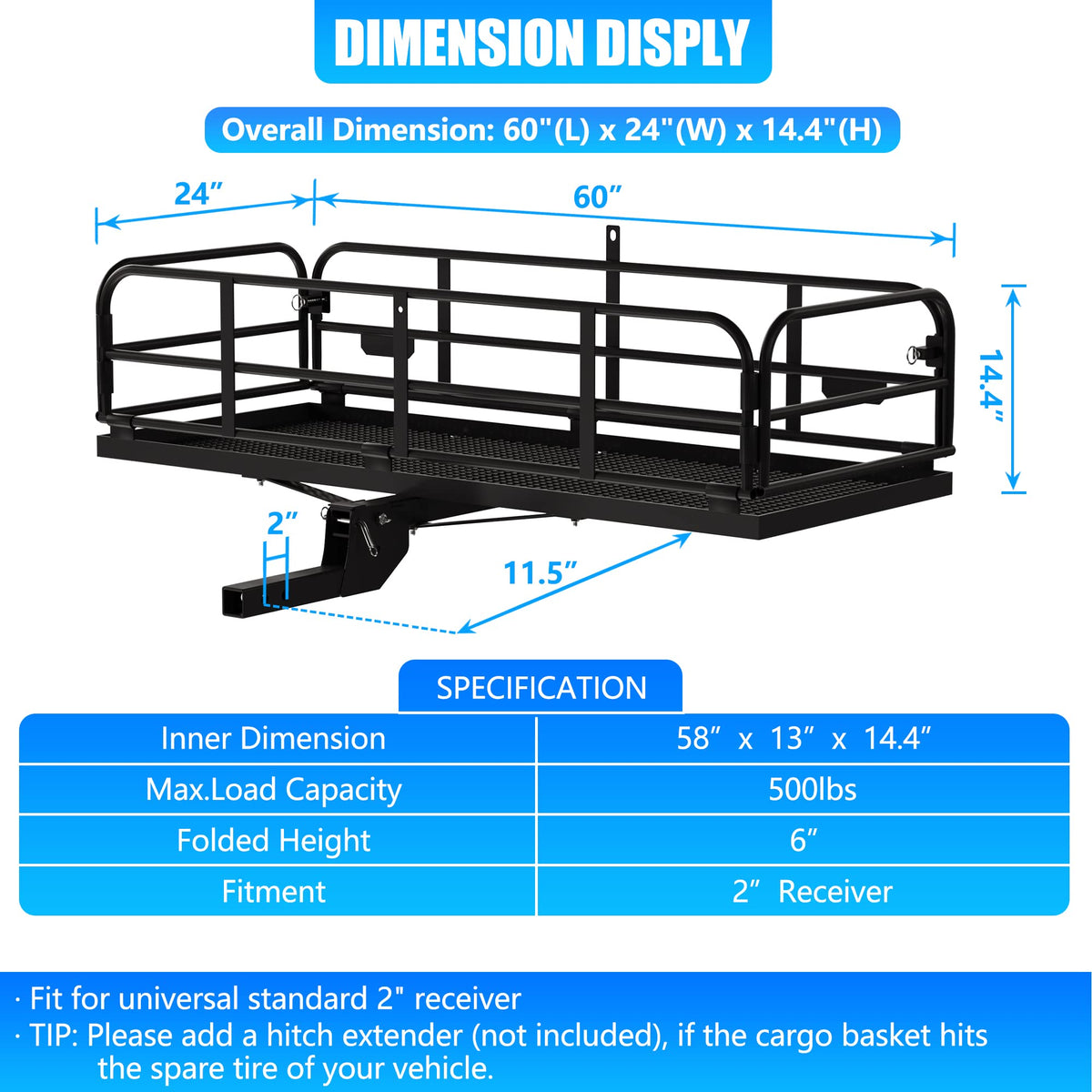 500 Lbs Heavy Duty Hitch Mount Cargo Carrier 60"x24"x14.4" Folding Y63129