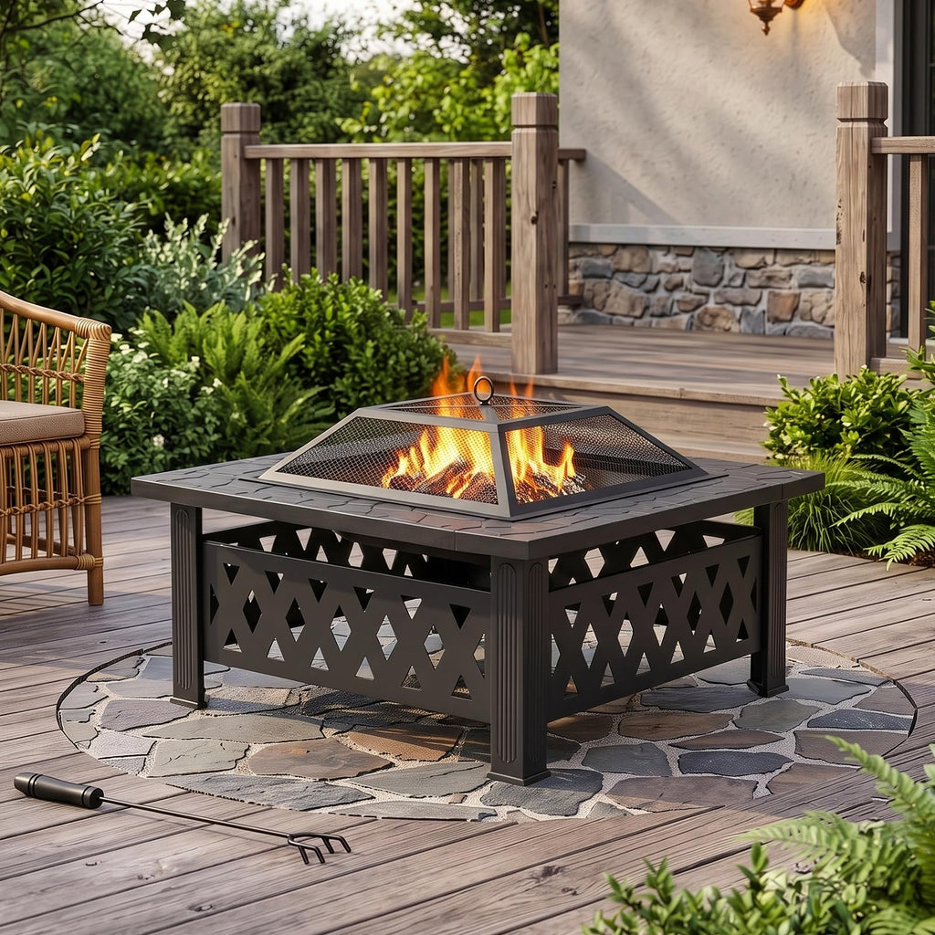 32 Inch Square Wood Burning Fire Pit Table with Spark Screen Lid and Fire Poker Q150046