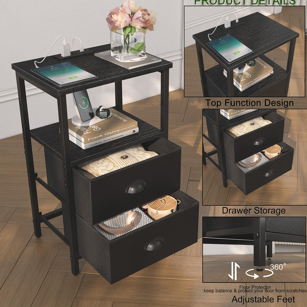 Black Nightstand with Charging Station and 2 Fabric Drawers Y298