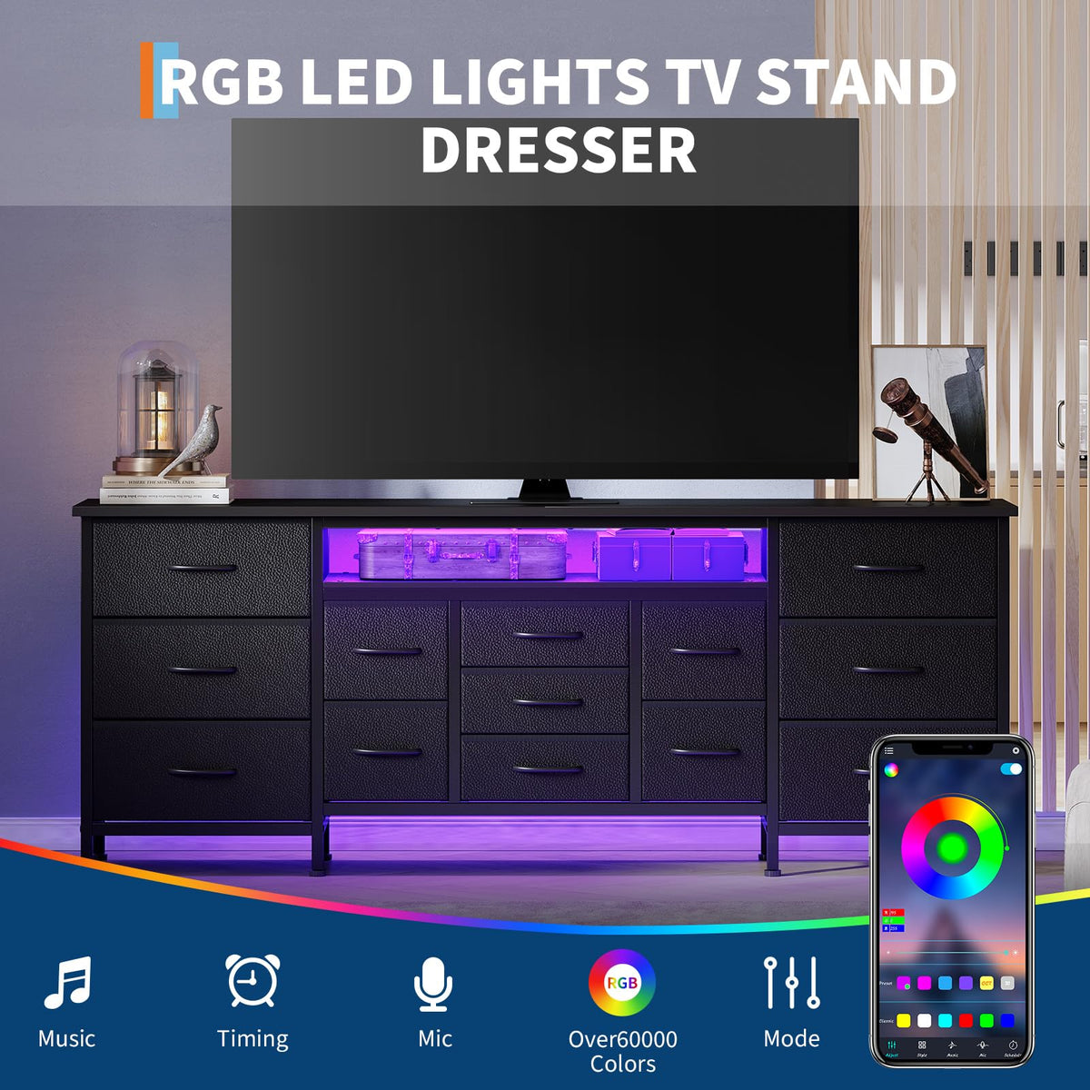 Black 13 Drawer Dresser TV Stand with LED Lights & Charging Station M250539