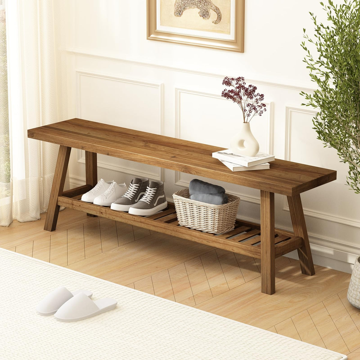 Solid Wood Bench with Storage Shelf O359670