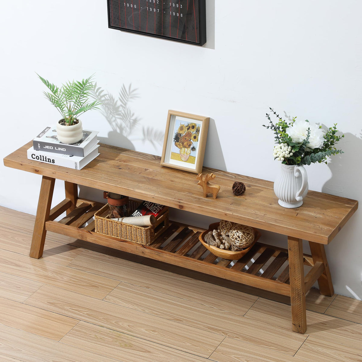 Solid Wood Bench with Storage Shelf O359670