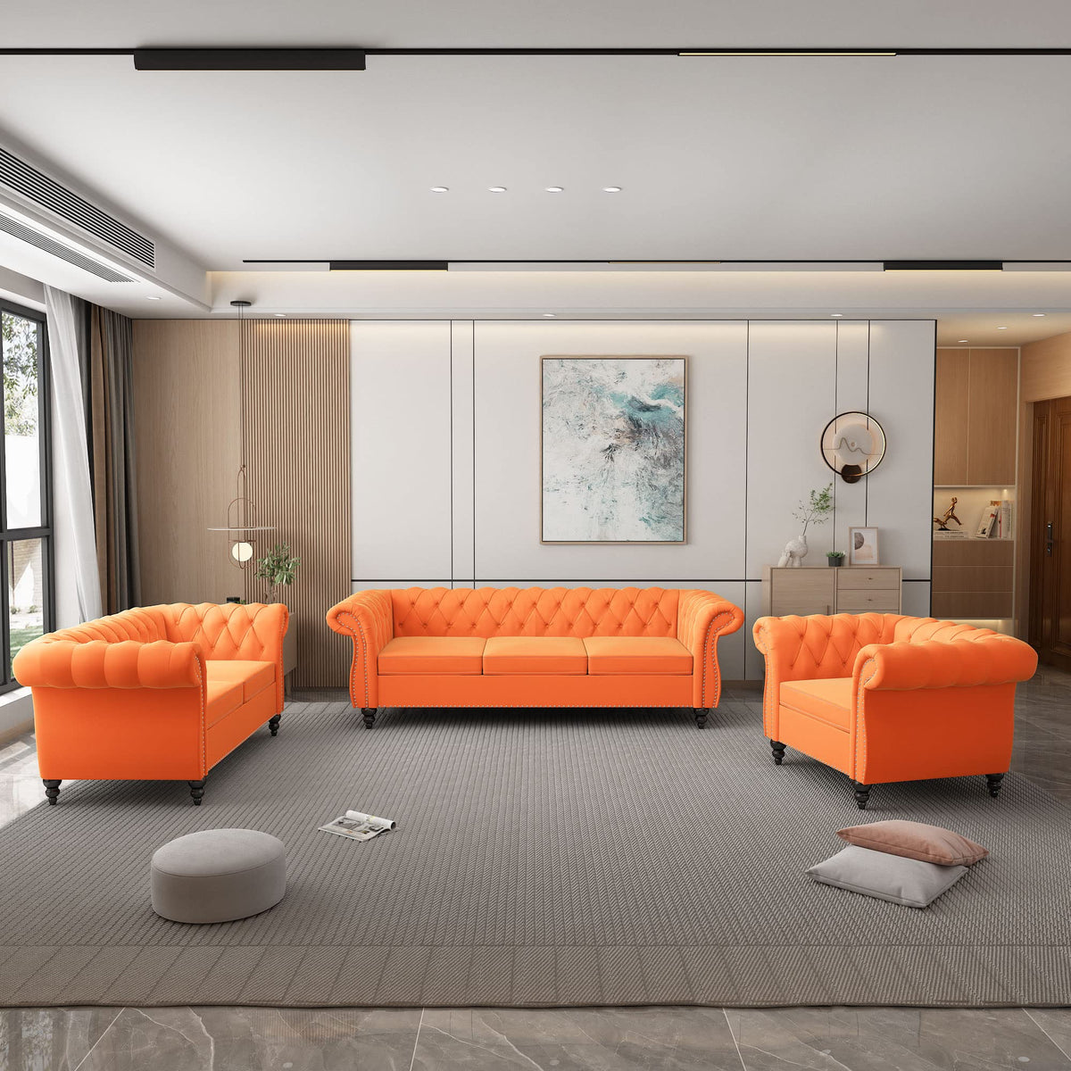 Orange Velvet Chesterfield Sofa Loveseat and Chair F872