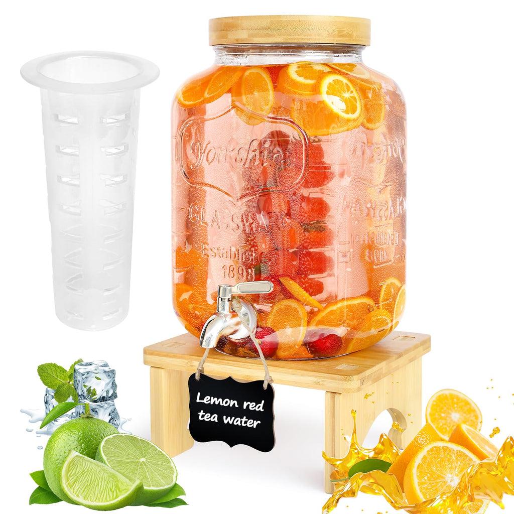 2 Gallon Glass Beverage Dispenser with Wood Stand S628