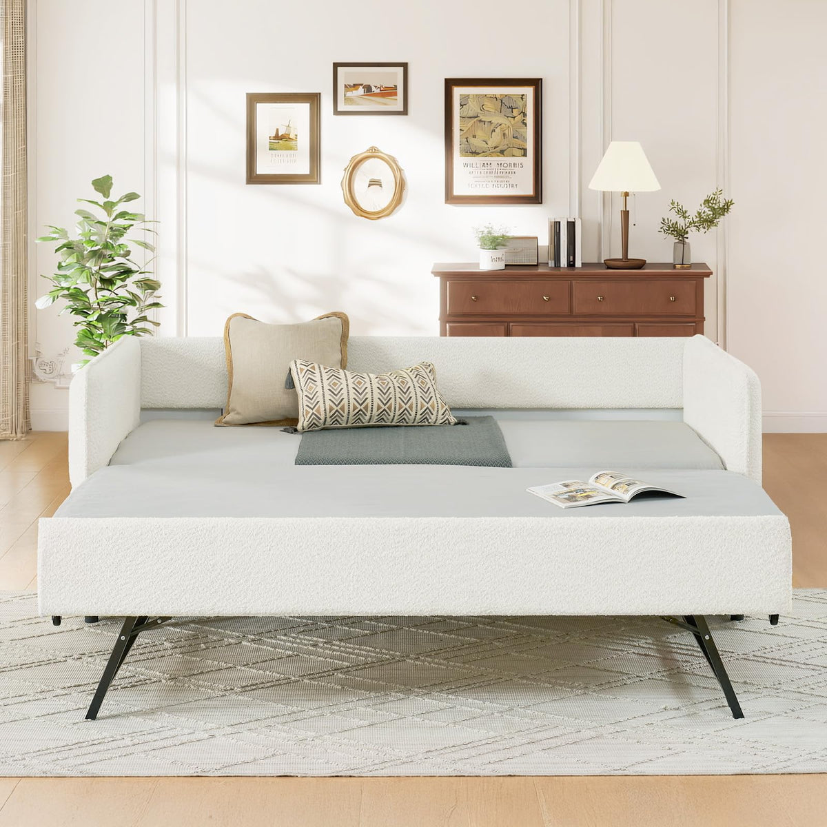 Twin Size Beige Boucle Upholstered Daybed with Trundle Z446