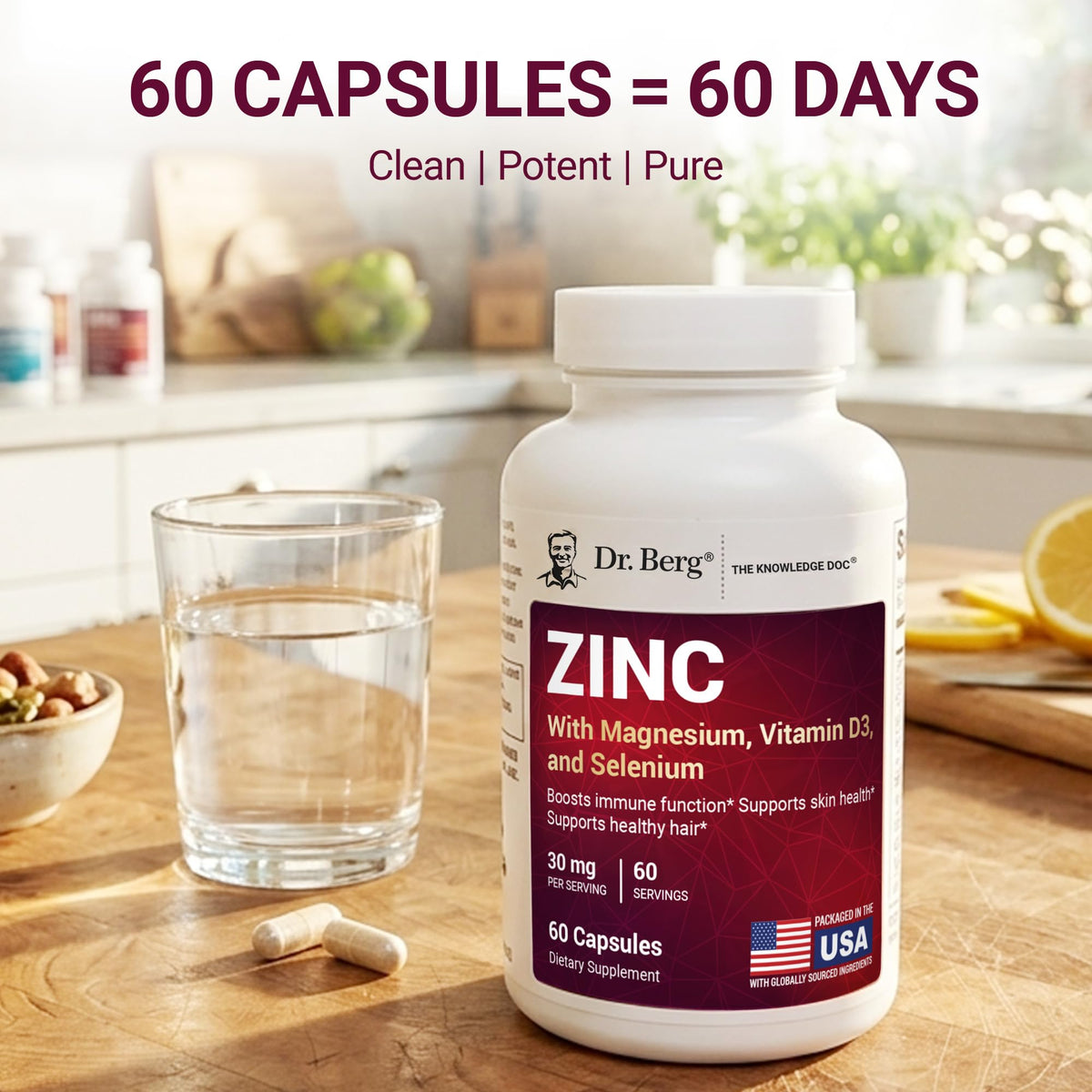 Zinc 30 mg 60 Capsules Chelated with Vitamin D & Selenium U3050