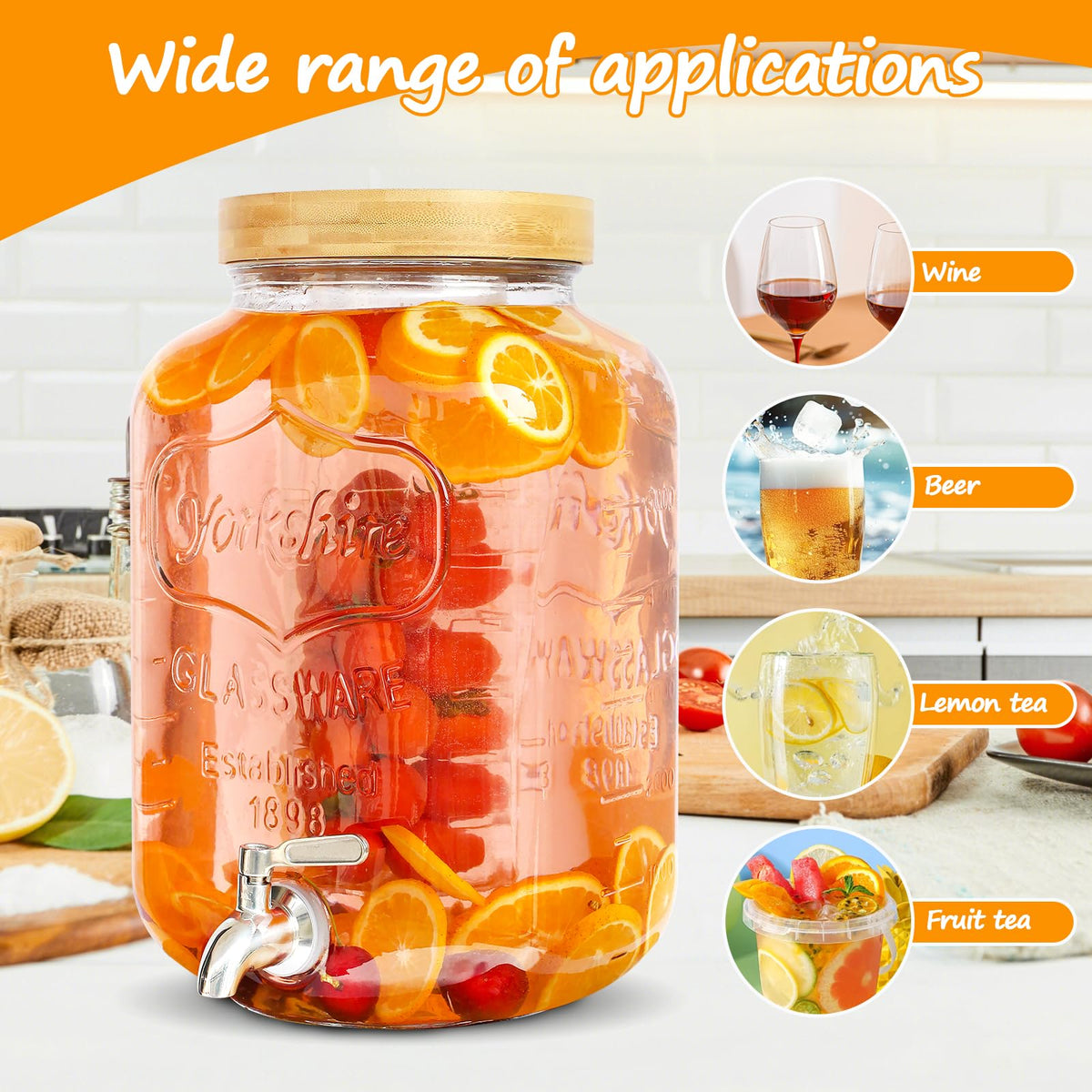 2 Gallon Glass Beverage Dispenser with Wood Stand S628