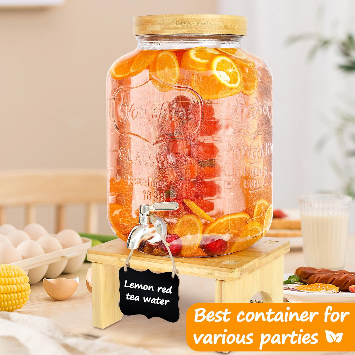 2 Gallon Glass Beverage Dispenser with Wood Stand S628