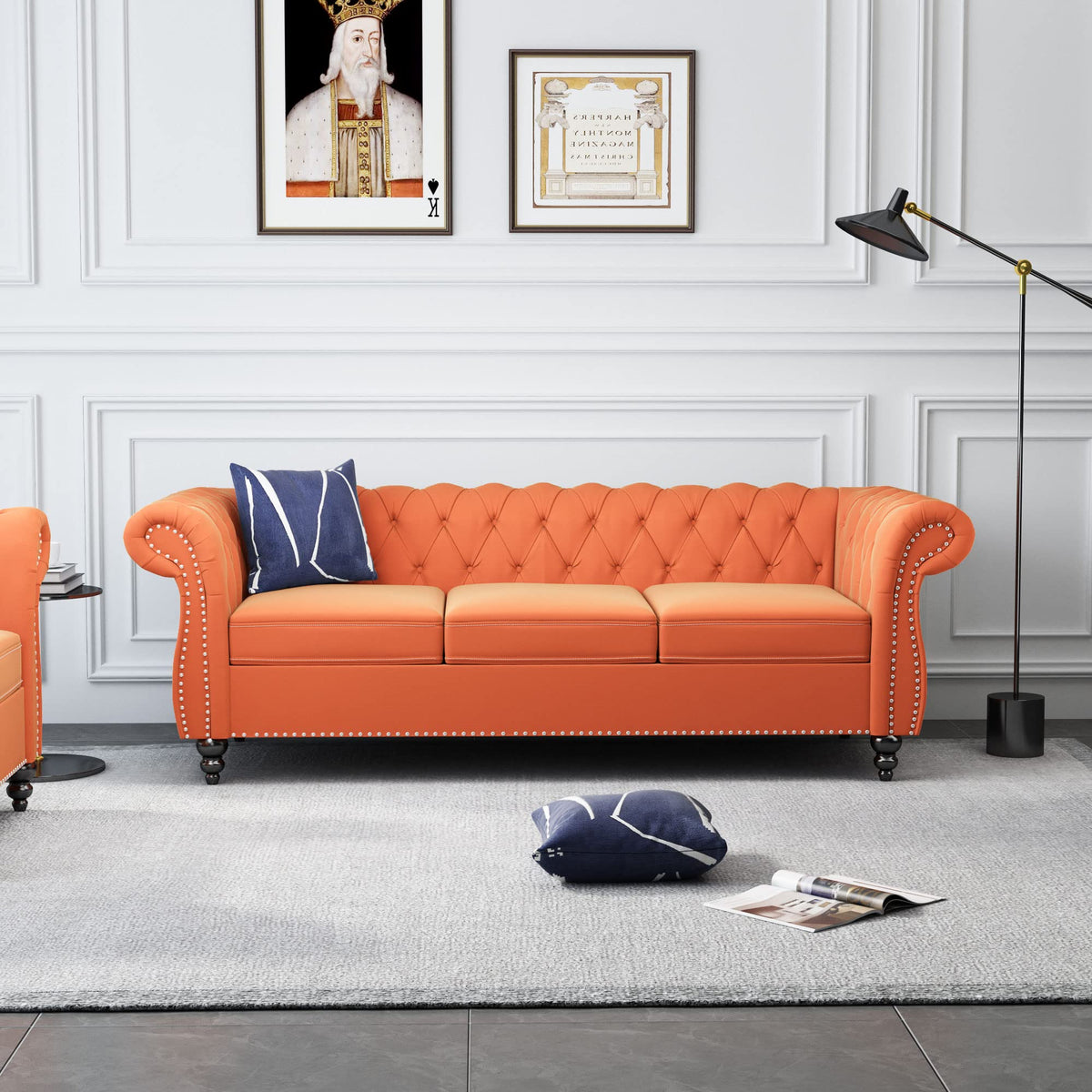 Orange Velvet Chesterfield Sofa Loveseat and Chair F872