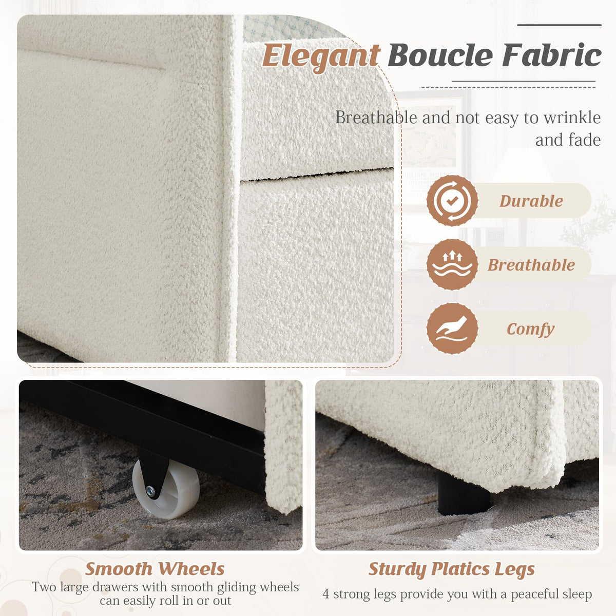 Twin Size Beige Boucle Upholstered Daybed with Trundle Z446