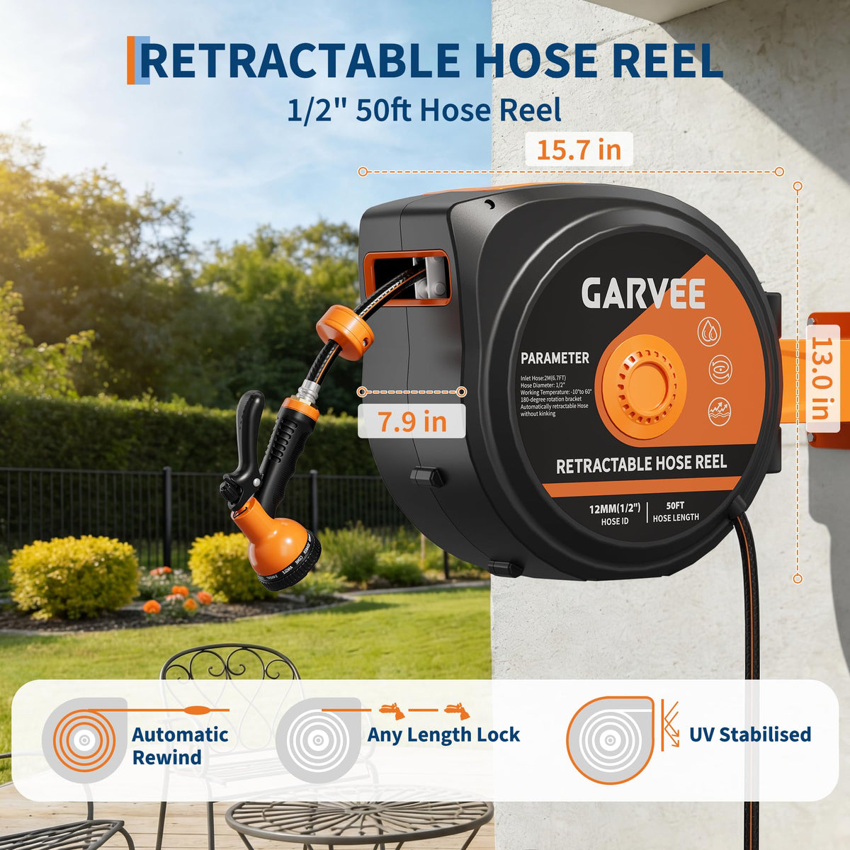 1/2 Inch x 50 ft Wall Mounted Garden Hose Reel with 10 Patterns Nozzle D1459