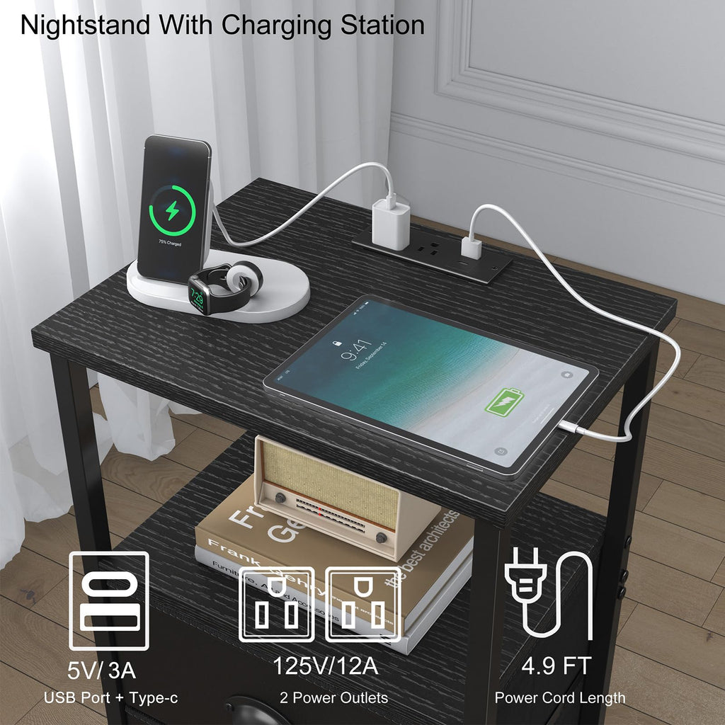 Black Nightstand with Charging Station and 2 Fabric Drawers Y298