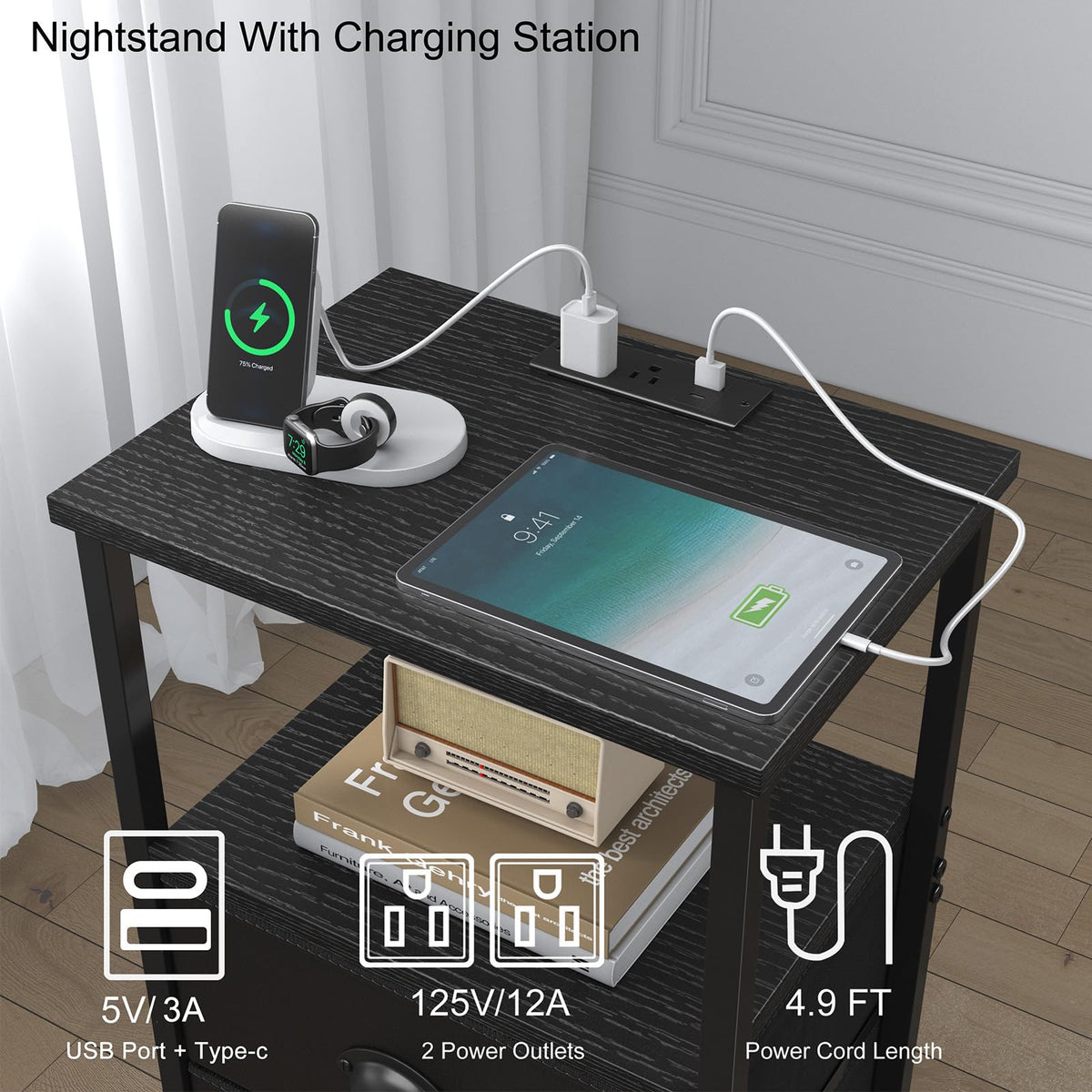Black Nightstand with Charging Station and 2 Fabric Drawers Y298