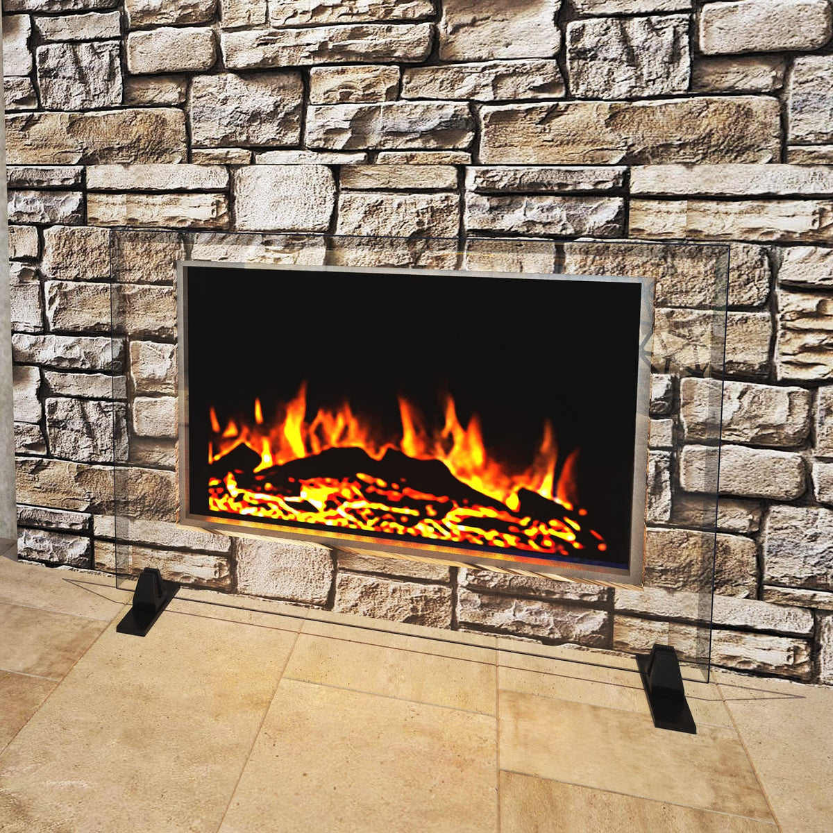 Tempered Glass Fireplace Screen, 33" x 46", Black Base O43938